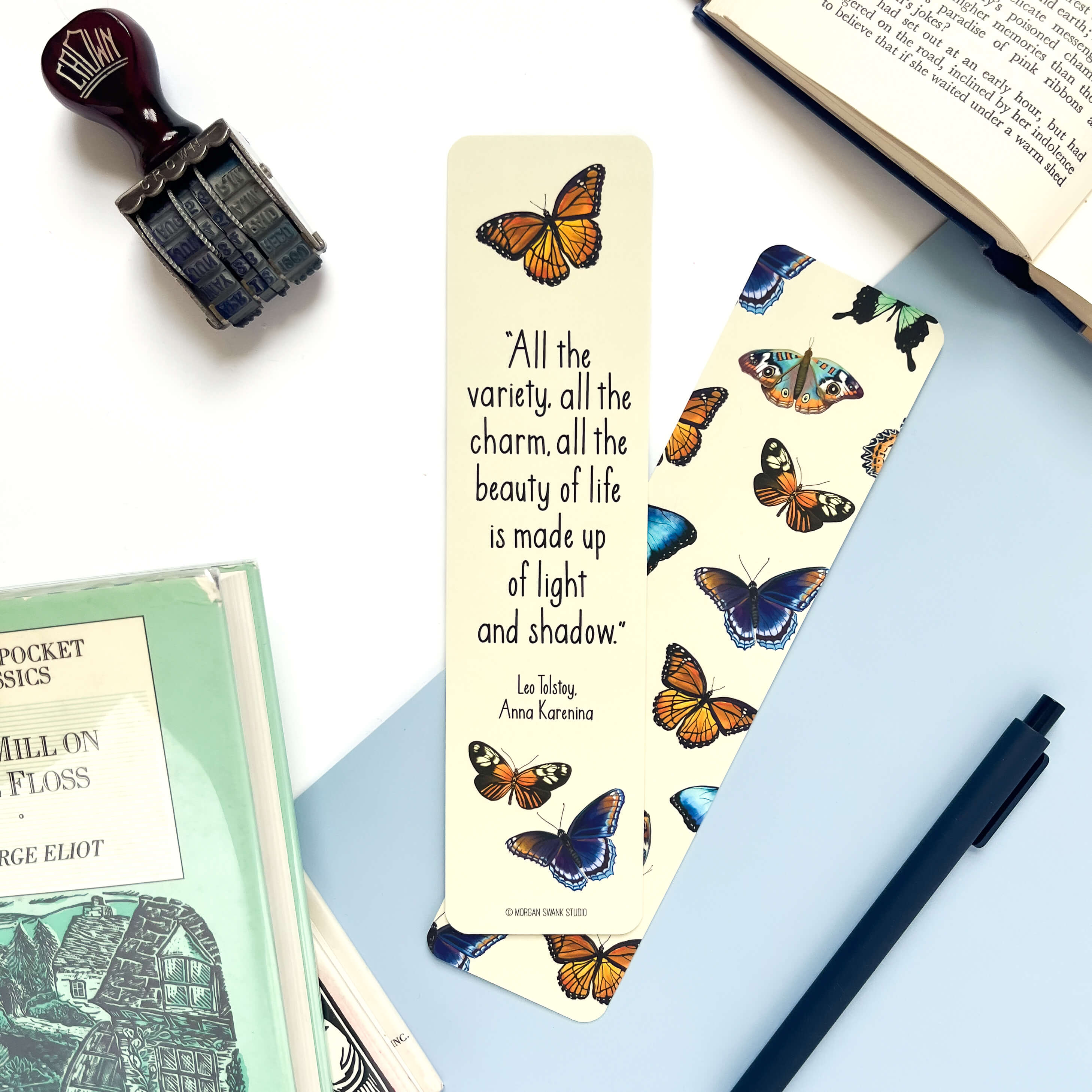 Bookmark with butterflies and quote by Leo Tolstoy from Anna Karenina