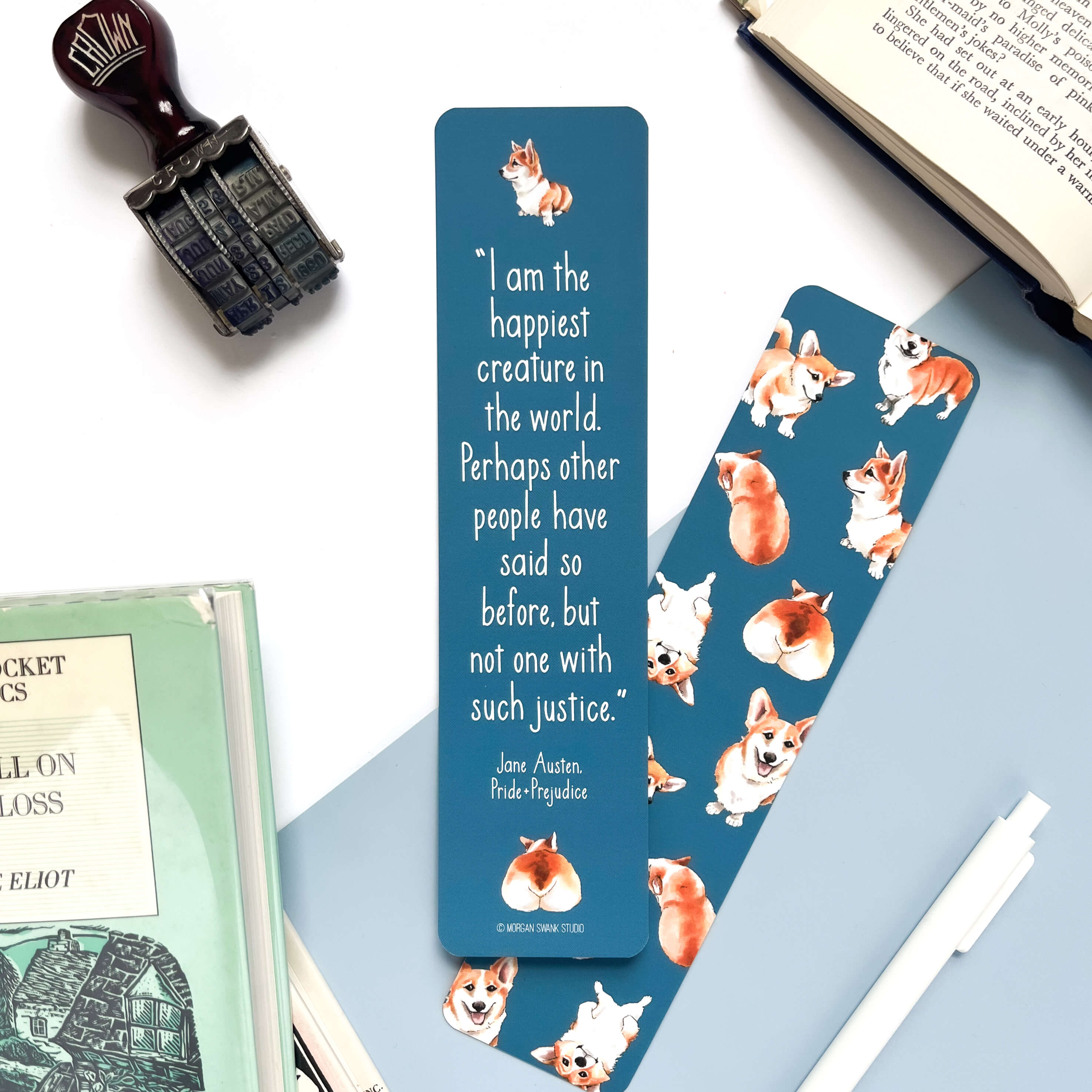 Bookmark with corgis and quote by Jane Austen from Pride and Prejudice