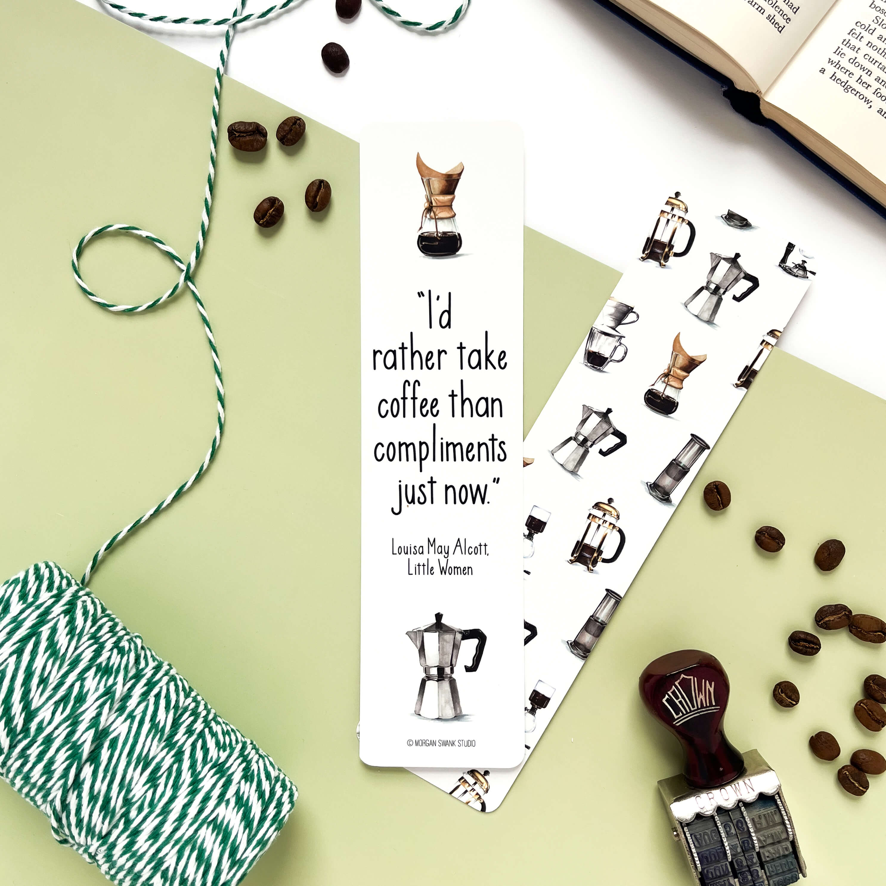 Bookmark with coffee makers and quote by Louisa May Alcott from Little Women