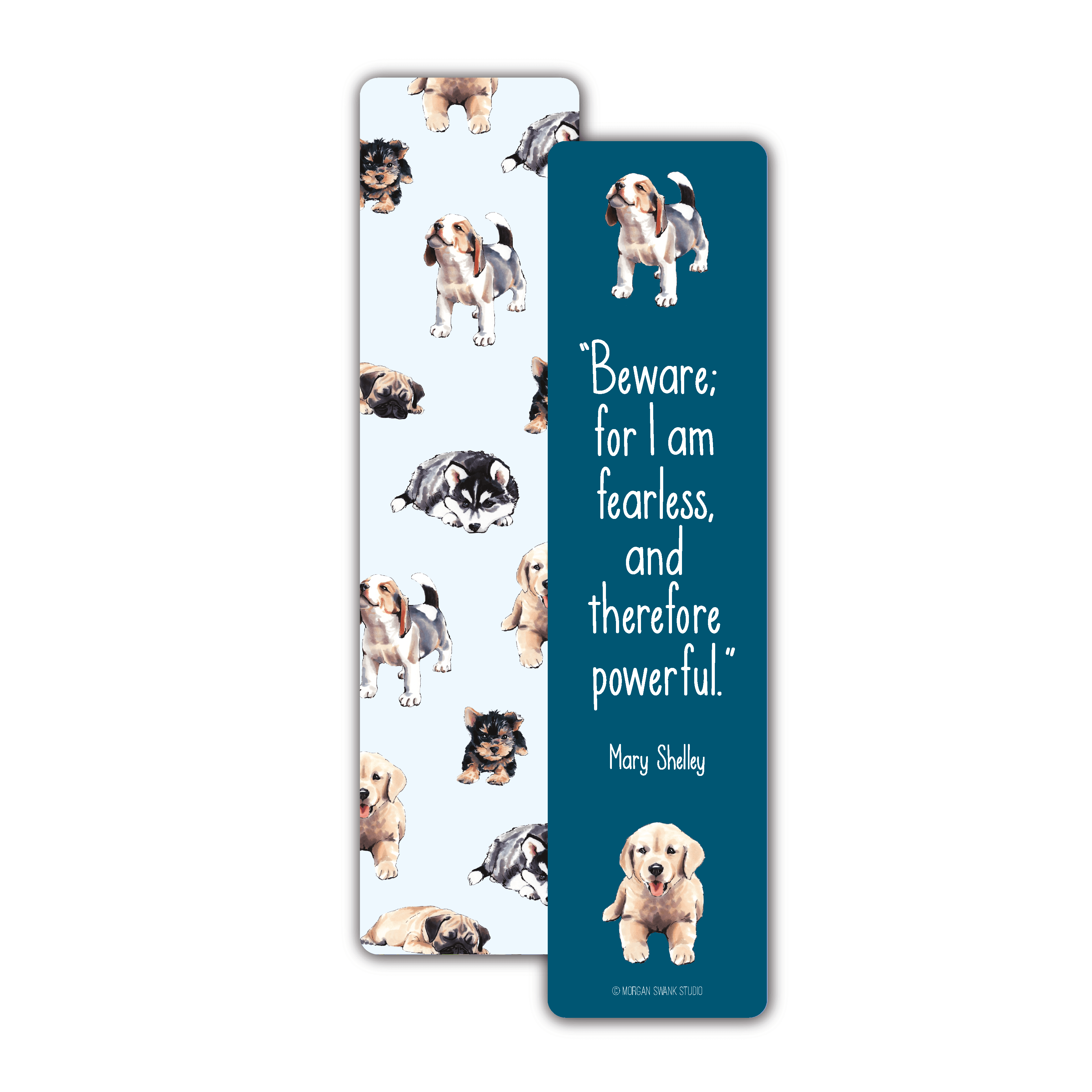 Bookmark with puppies and quote by Mary Shelley