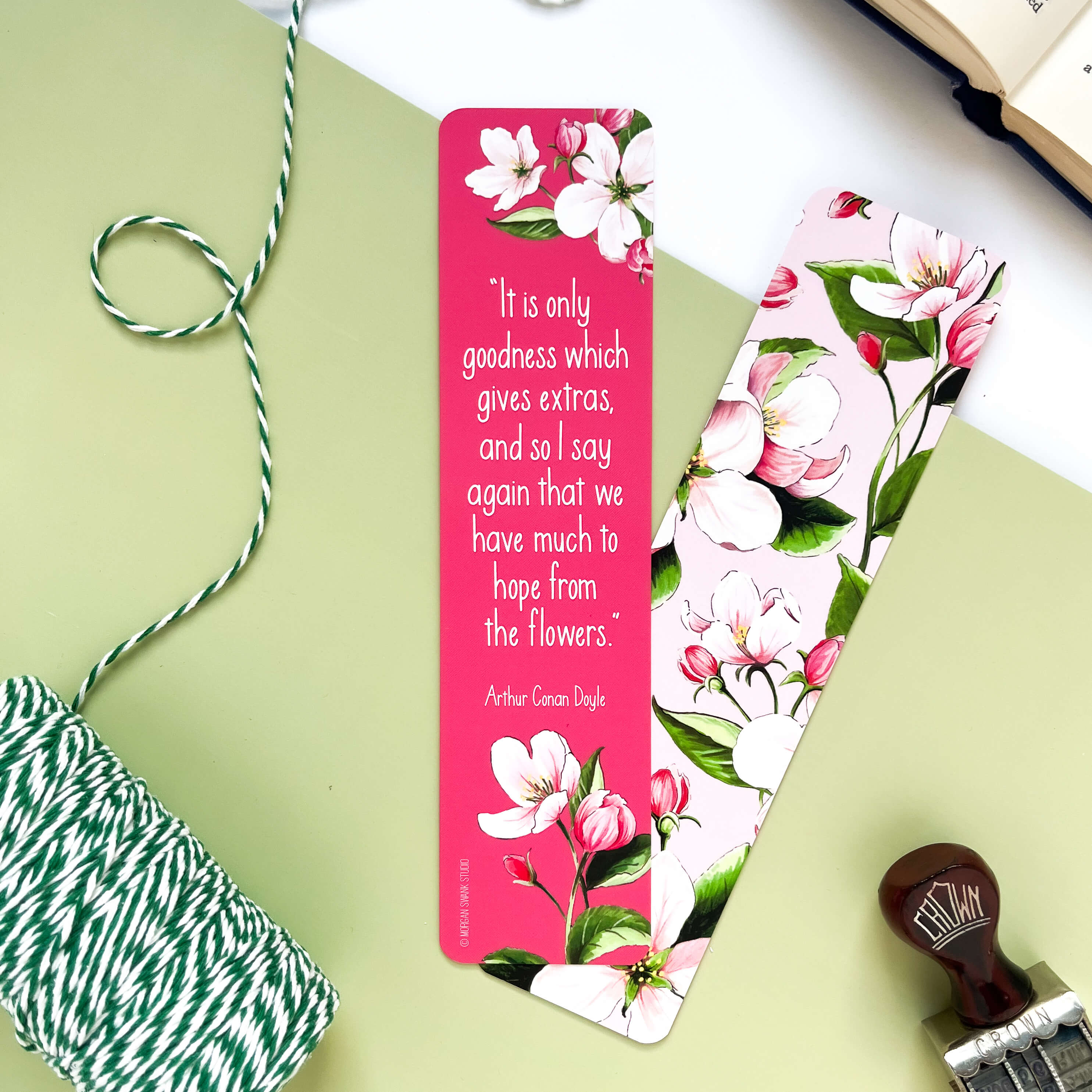 Bookmark with apple blossom flowers and quote by Arthur Conan Doyle