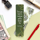 Bookmark with green palm leaves and quote by Frederick Douglass