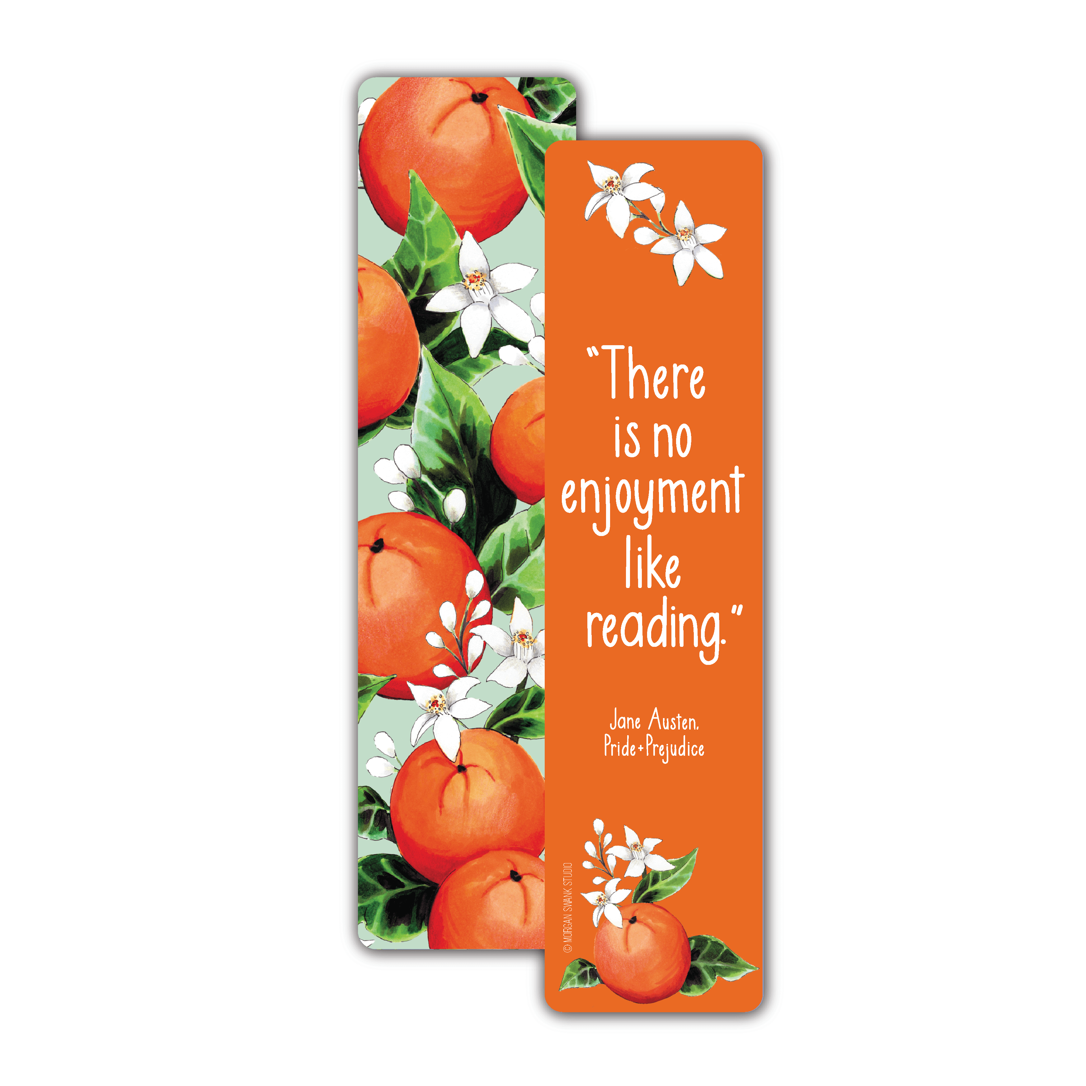 Bookmark with oranges and white flowers and quote by Jane Austen from Pride and Prejudice