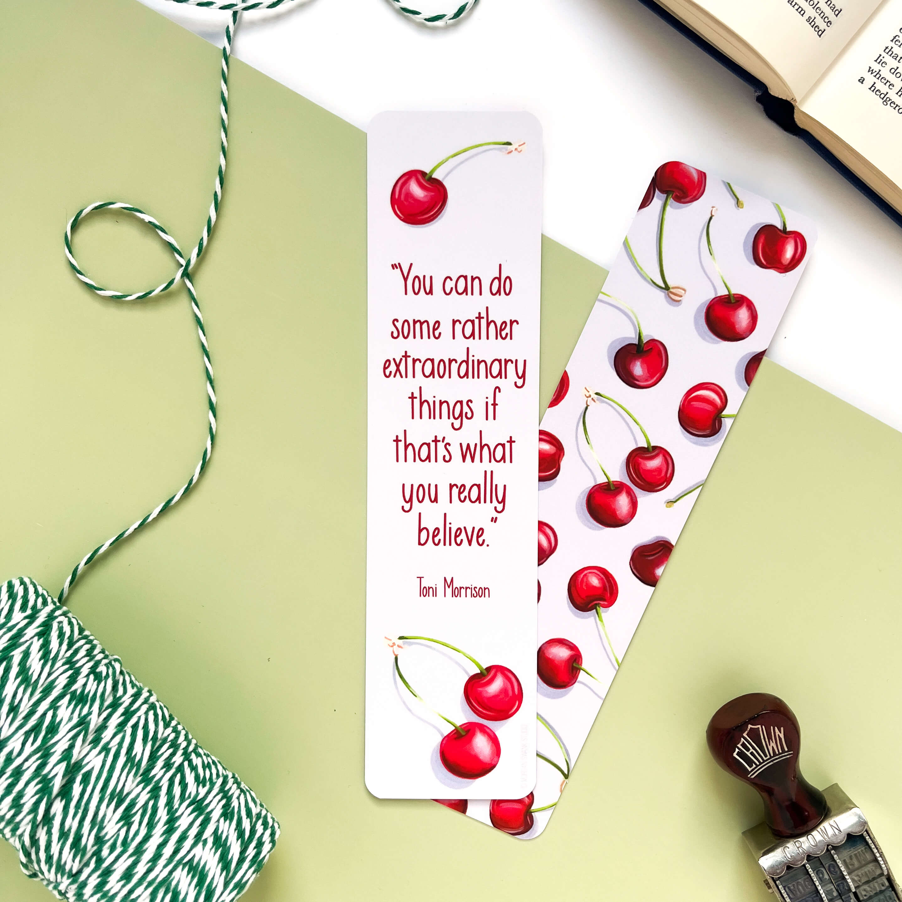 Bookmark with illustrated cherries and quote by Toni Morrison