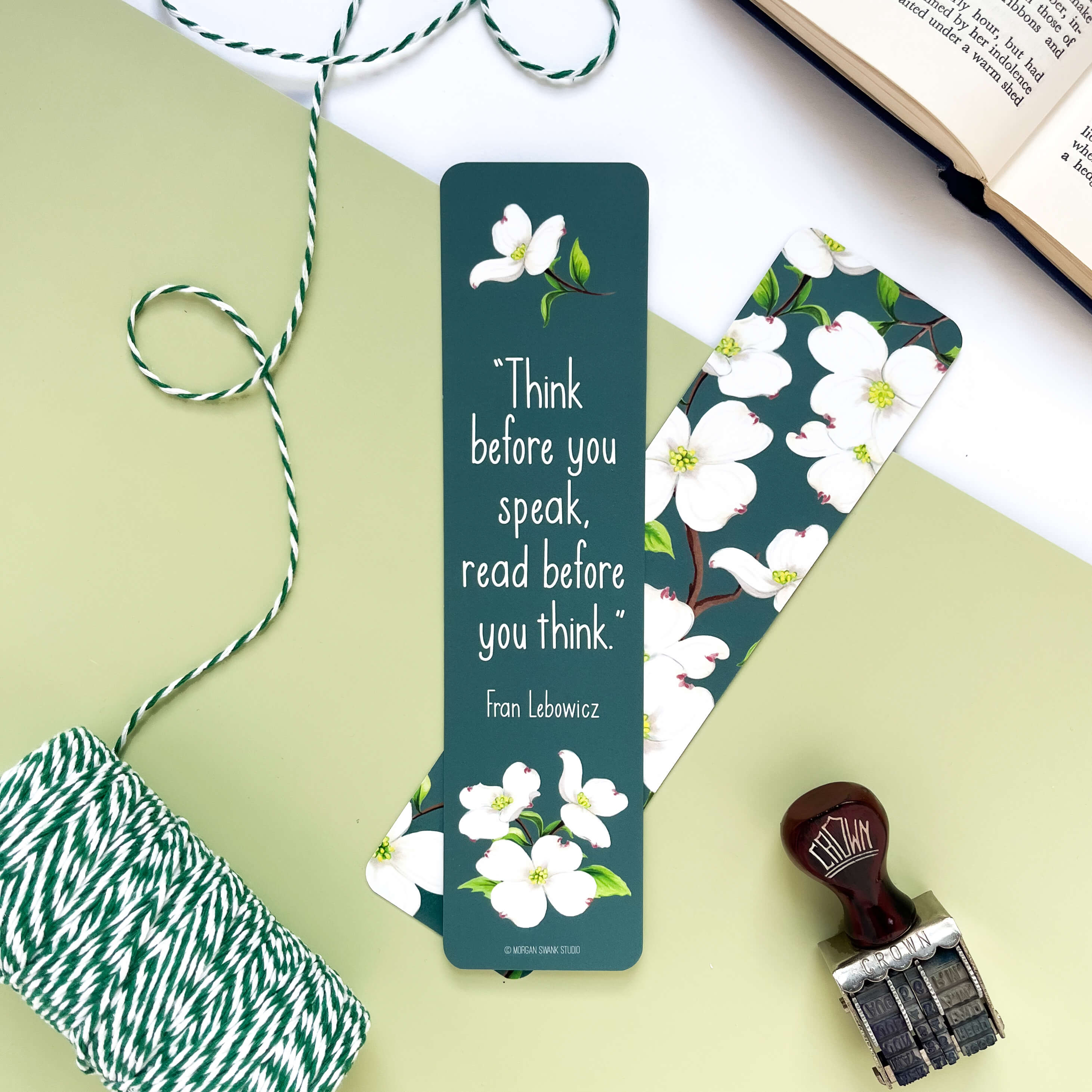 Bookmark with dogwood flowers and quote by Fran Lebowitz