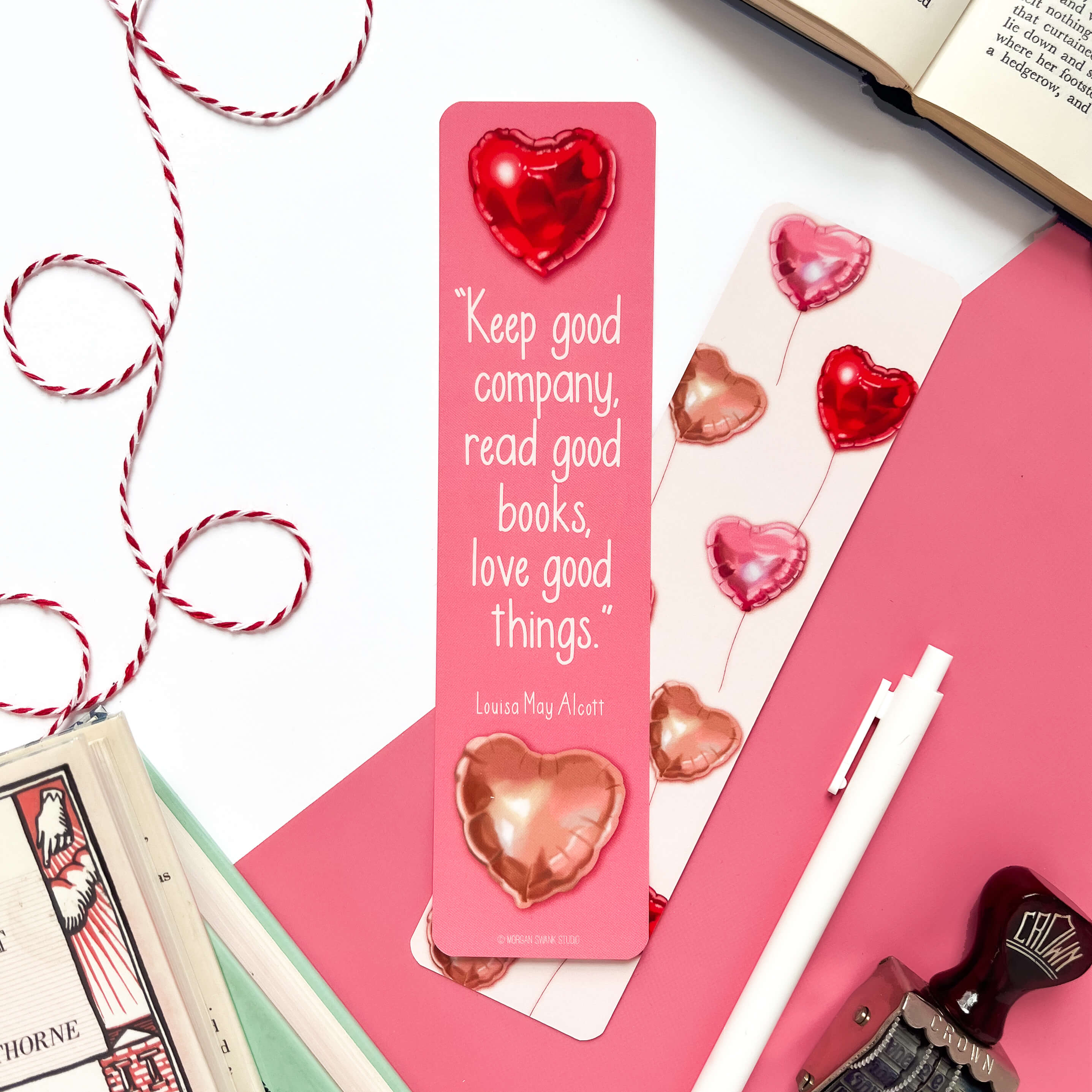 Bookmark with heart-shaped balloons and quote by Louisa May Alcott