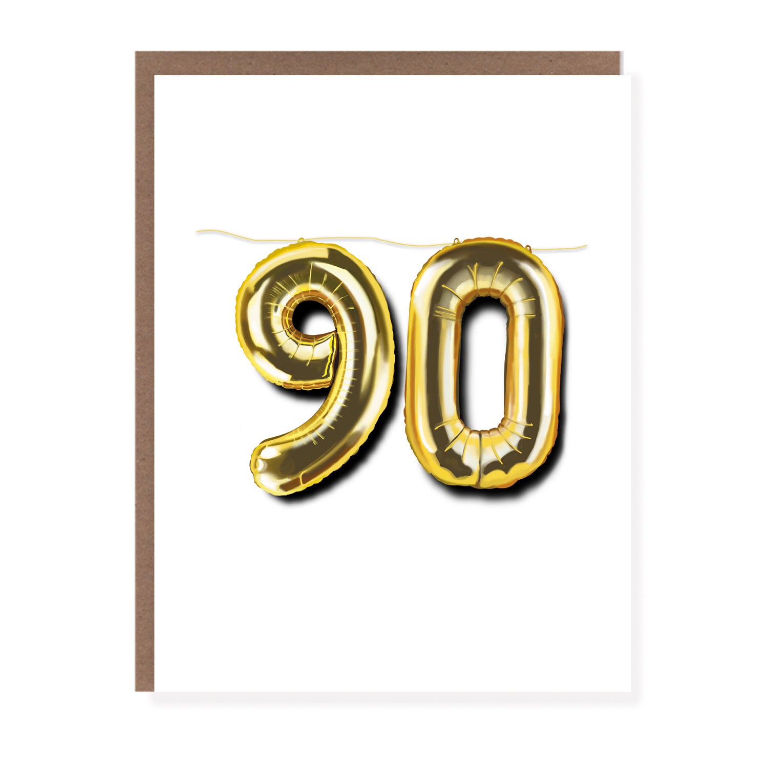 Greeting card with large gold balloon numbers “90” on a white background, festive birthday celebration design.