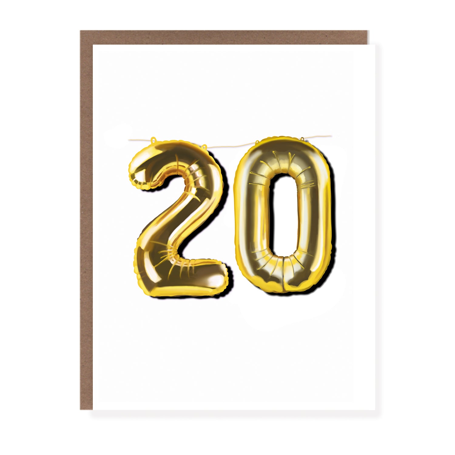 Greeting card with gold balloon numbers forming “20” hanging from a string.