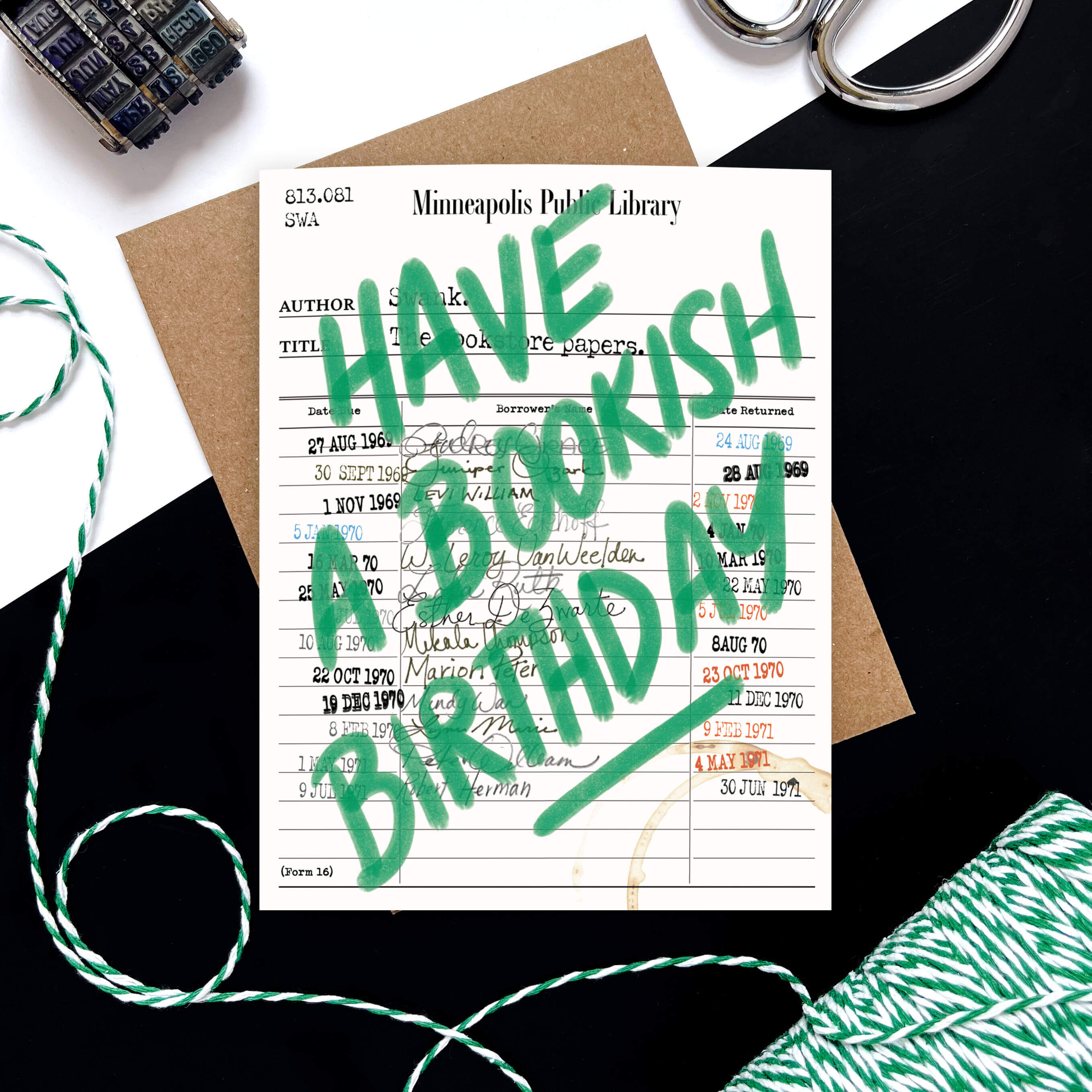 Bookish birthday greeting card with vintage library checkout design and bold green handwritten greeting.