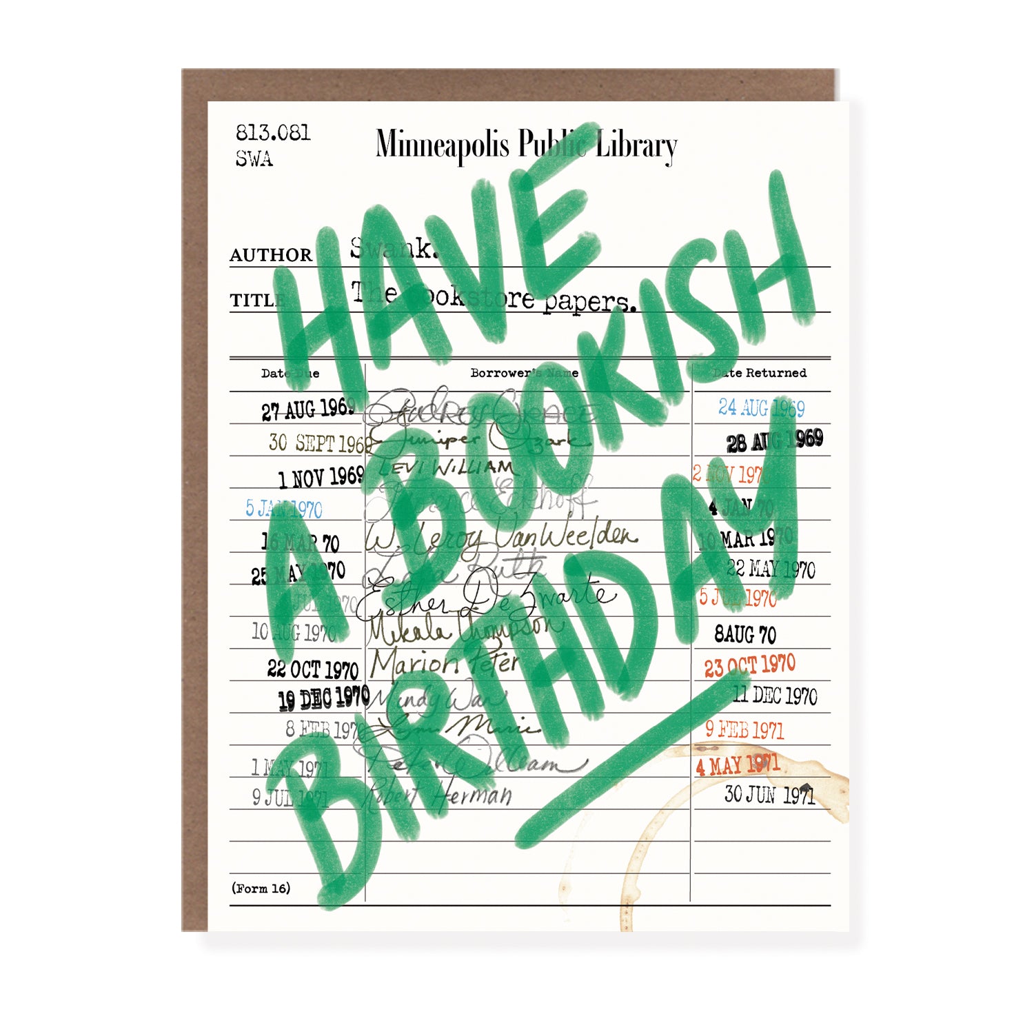 Bookish birthday greeting card with vintage library checkout design and bold green handwritten greeting.