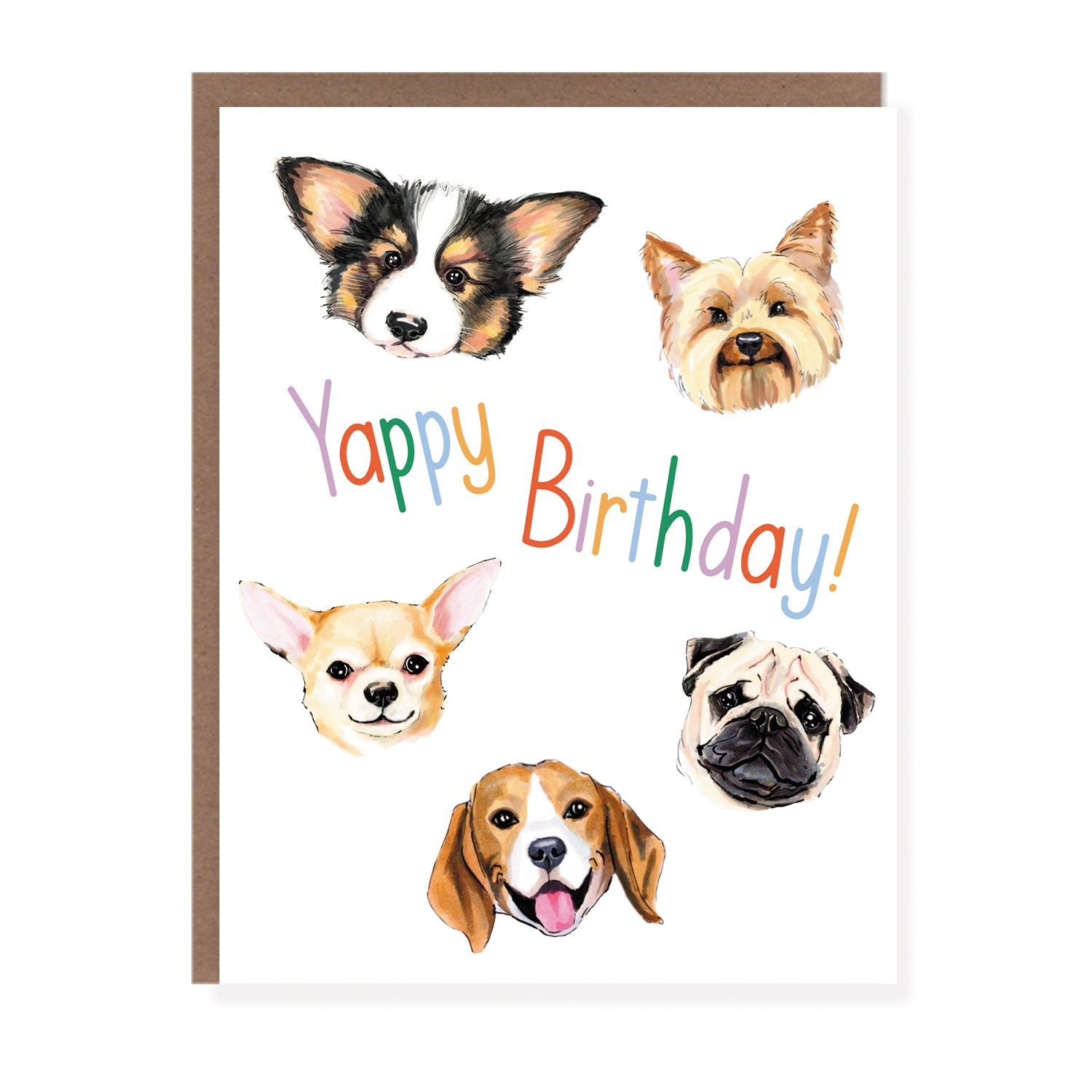 Birthday card featuring hand-drawn illustrations of dog faces with “Yappy Birthday!” text in colorful letters.