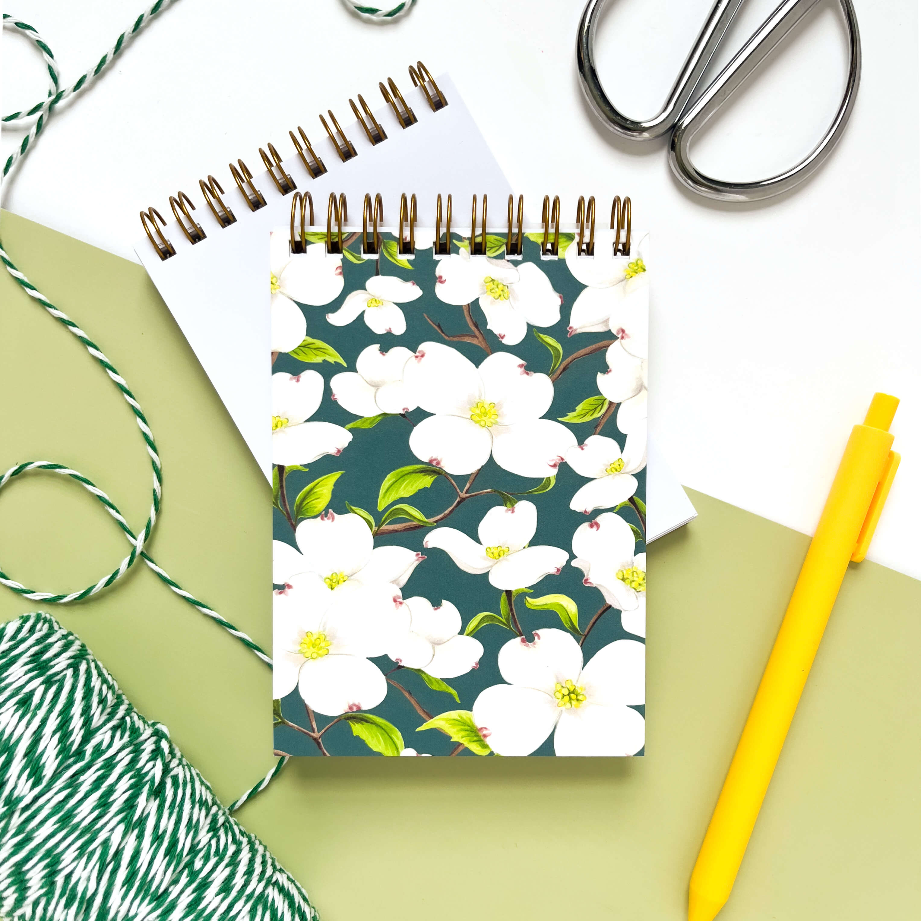 Mini notebook with white dogwood flowers, eco-friendly and handmade