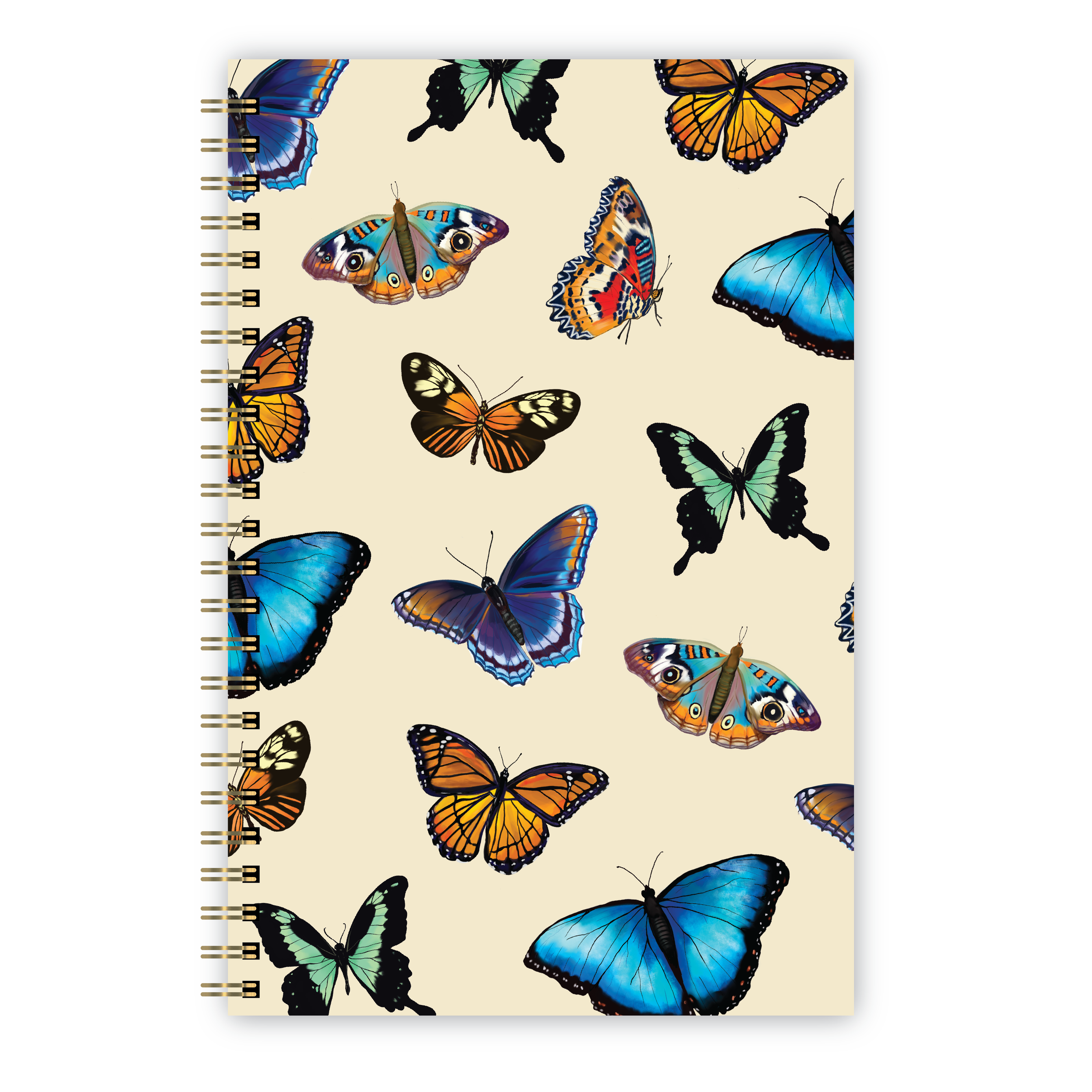 Notebook with colorful butterfly illustrations on a soft yellow background.