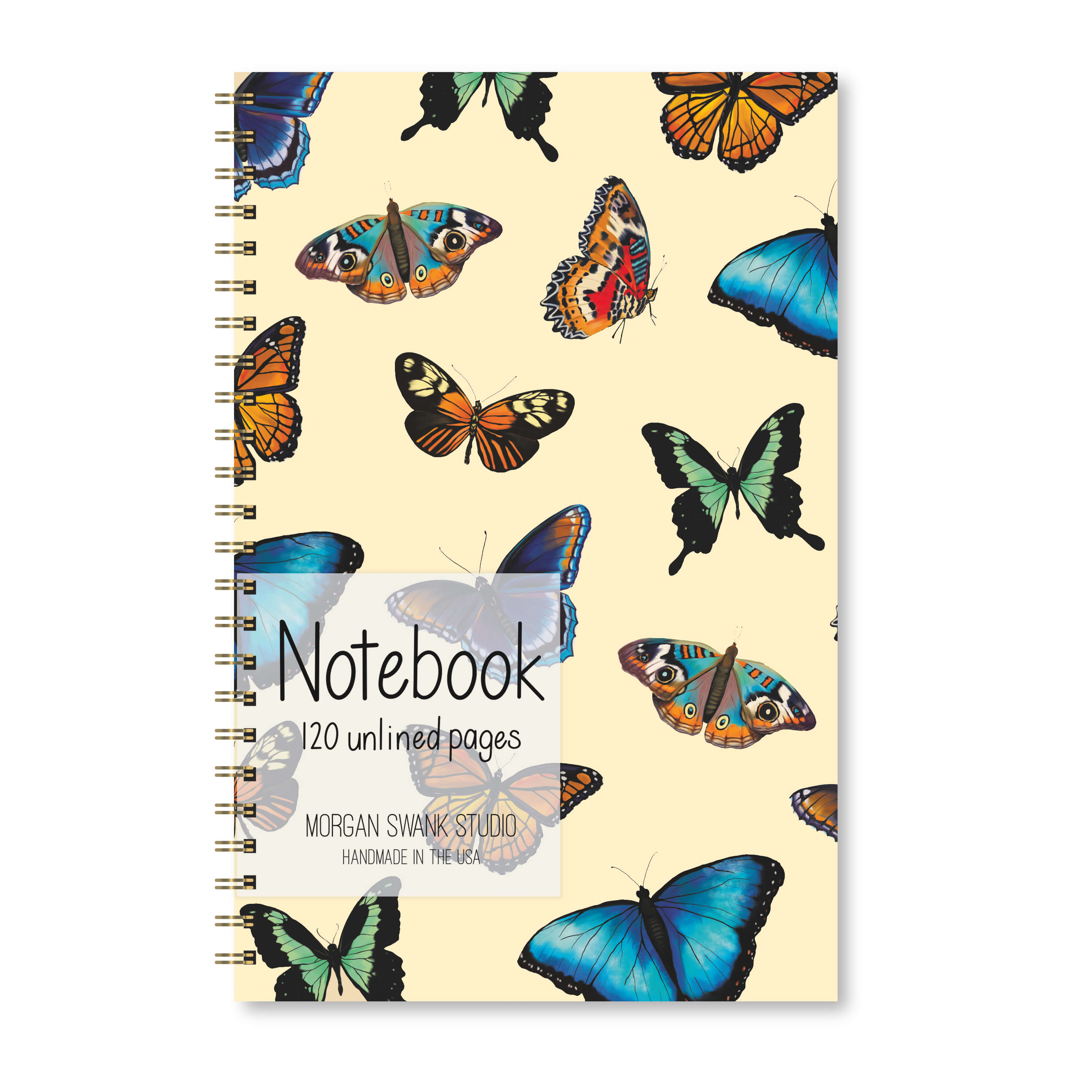 Notebook with colorful butterfly illustrations on a soft yellow background.