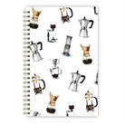 Notebook with illustrated coffee makers and brewers on a white background.