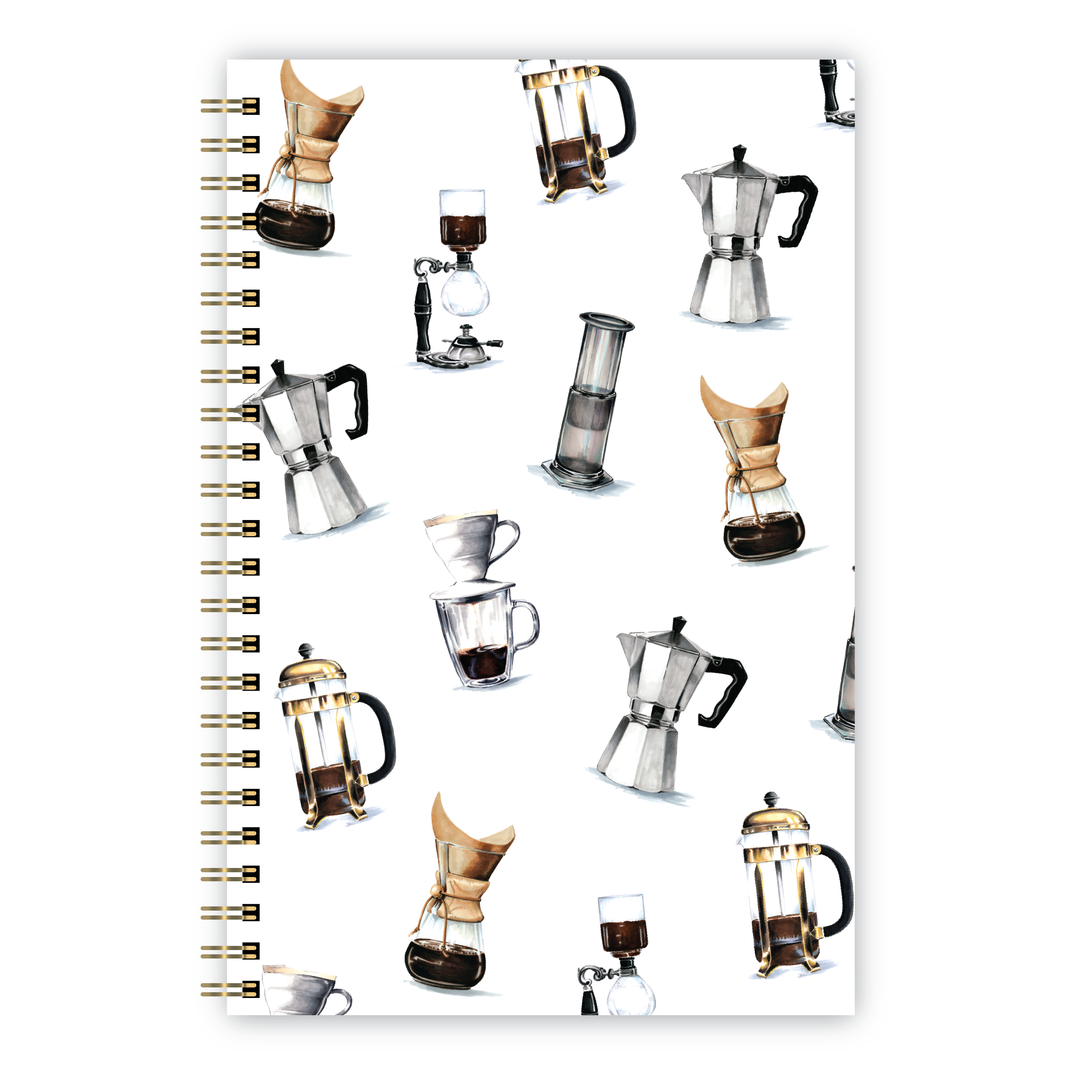 Notebook with illustrated coffee makers and brewers on a white background.