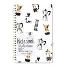 Notebook with illustrated coffee makers and brewers on a white background.