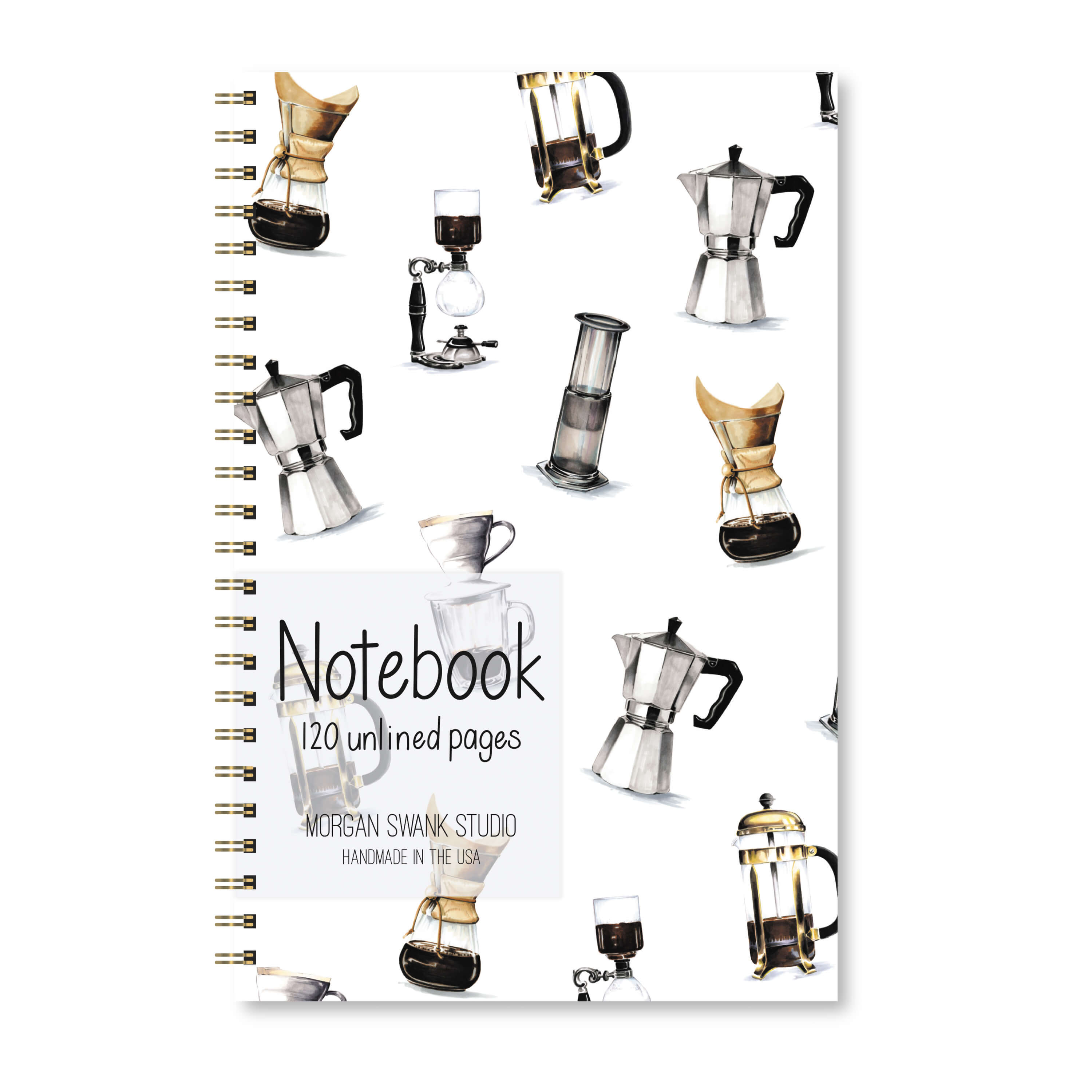 Notebook with illustrated coffee makers and brewers on a white background.