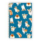 Notebook with marker illustrations of corgis on a teal background.