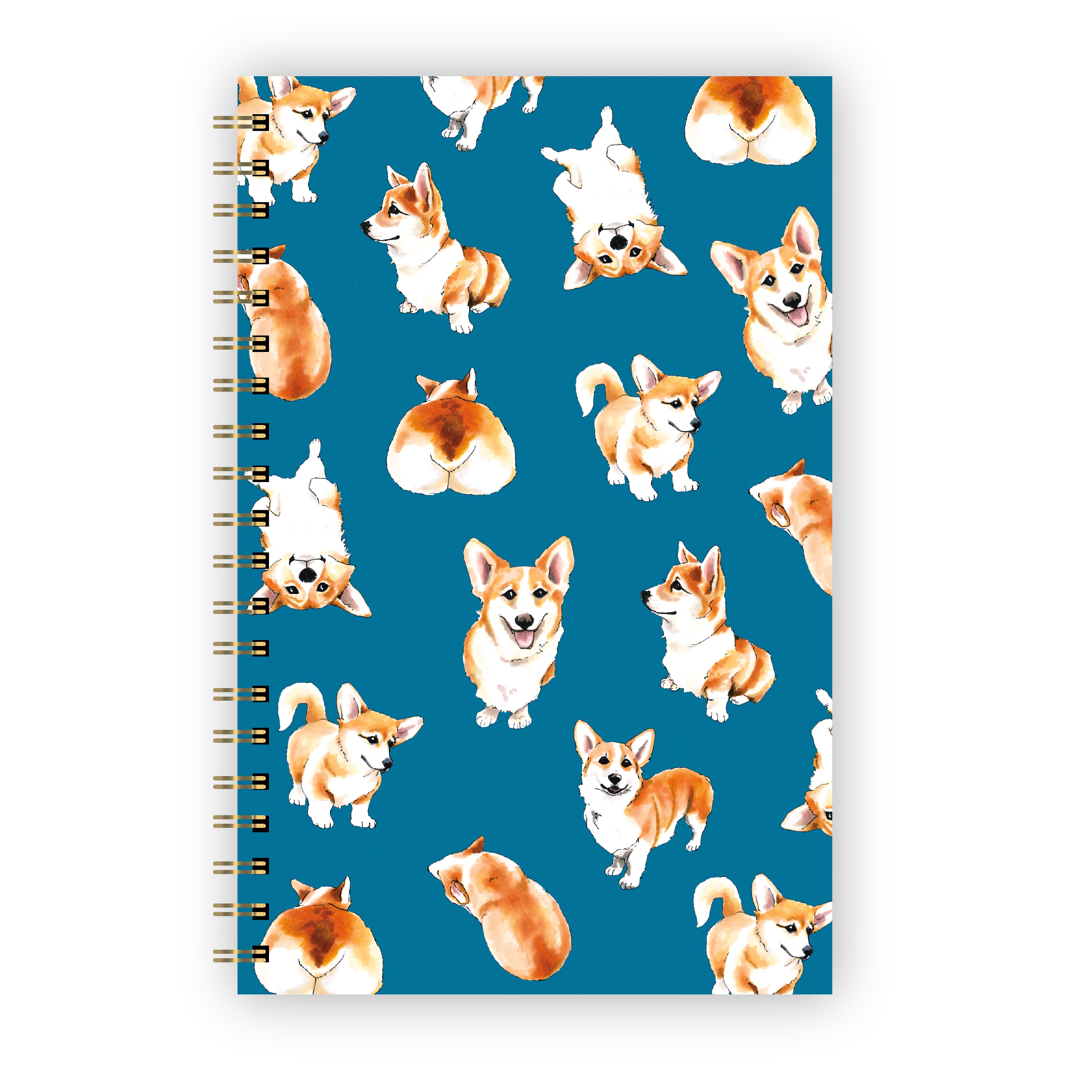 Notebook with marker illustrations of corgis on a teal background.