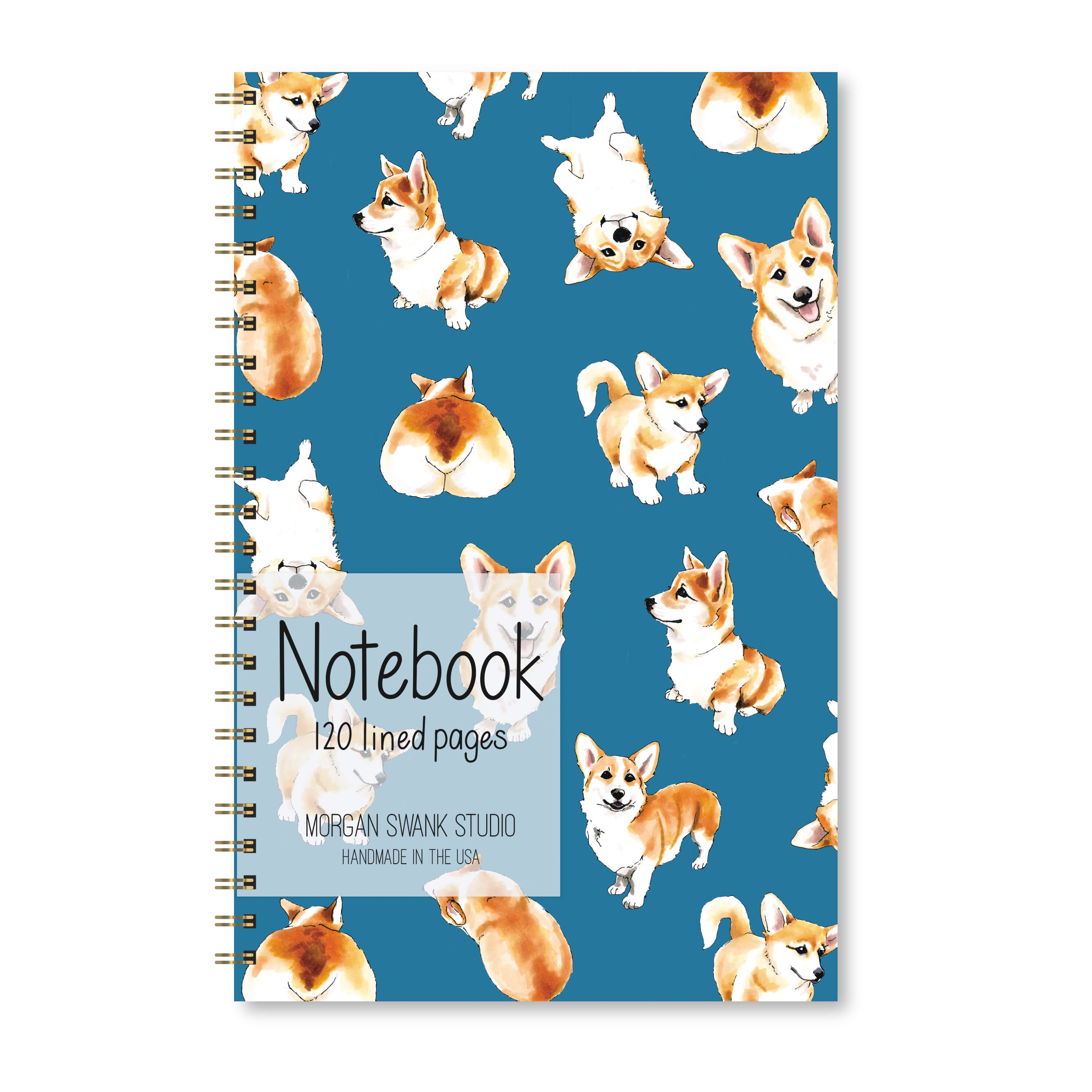 Notebook with marker illustrations of corgis on a teal background.