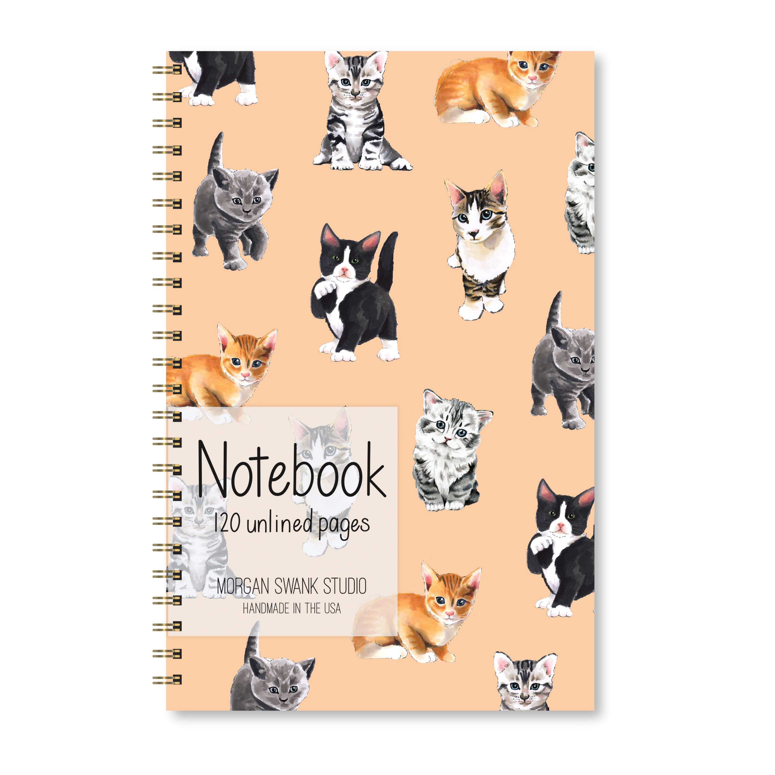 Notebook with watercolor kittens on a light peach background.