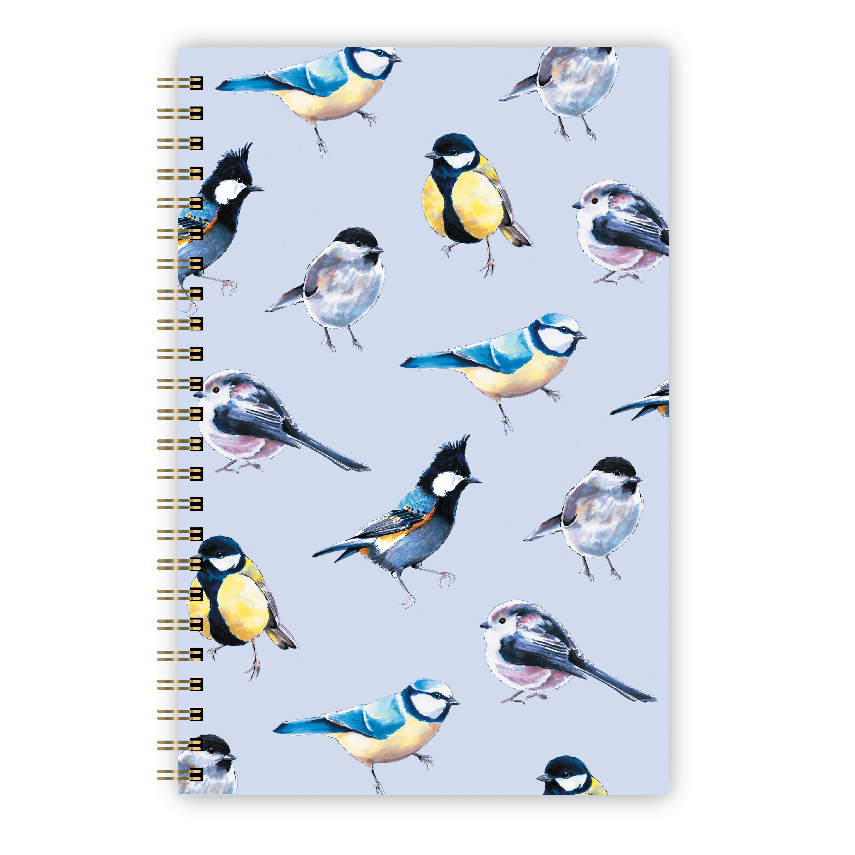 Notebook with bird illustrations on a pale blue background.