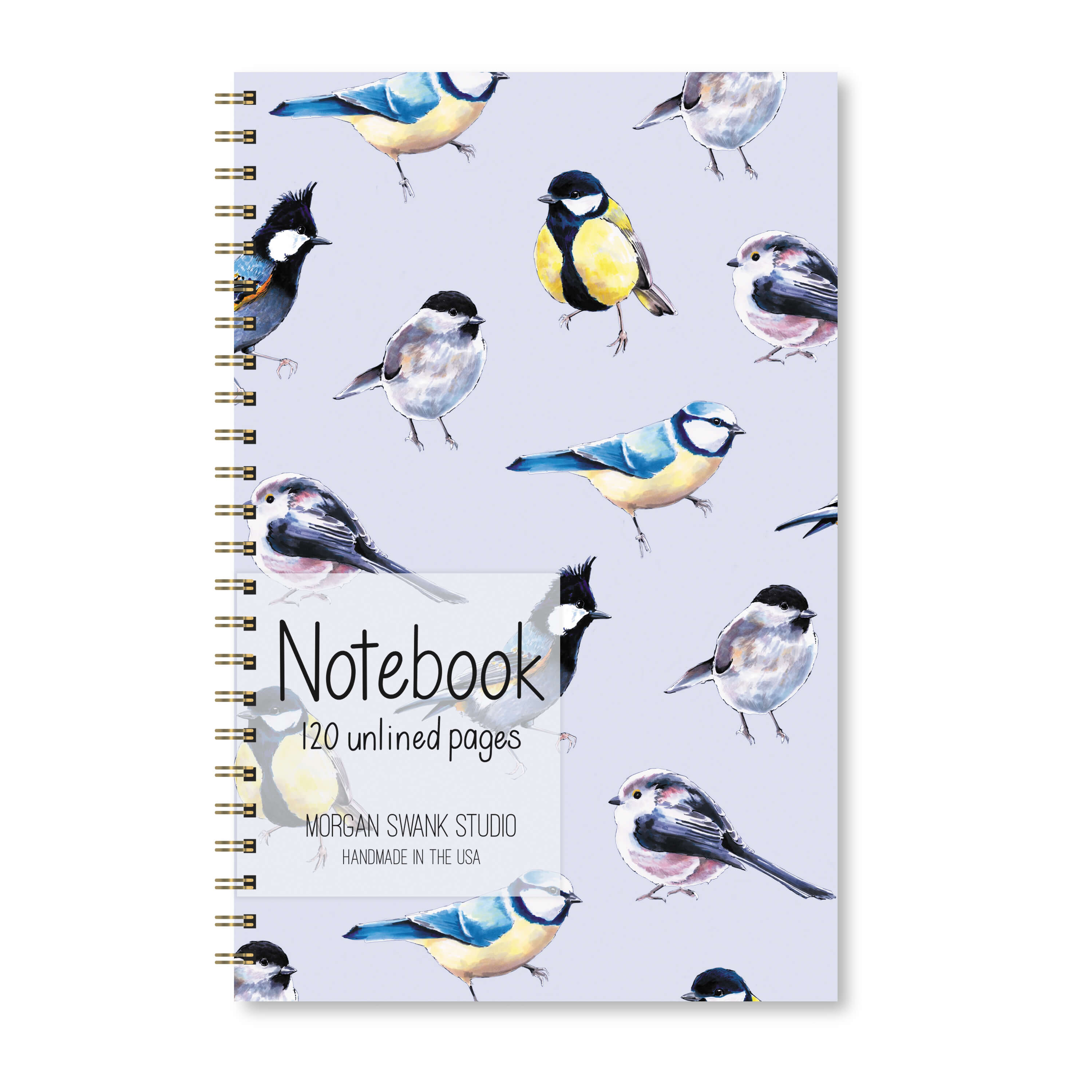 Notebook with bird illustrations on a pale blue background.