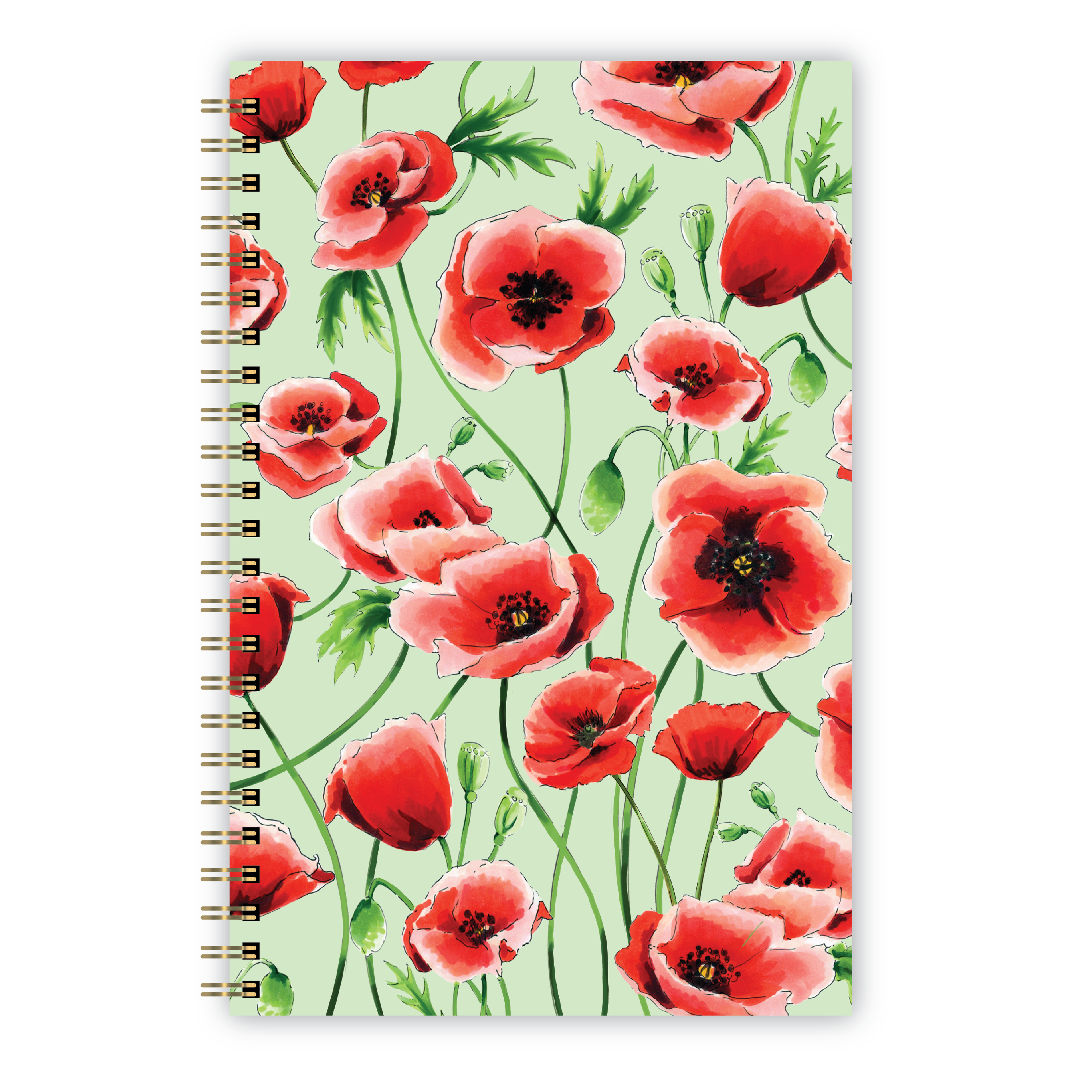 Notebook with red poppy flower illustrations on a light green background.