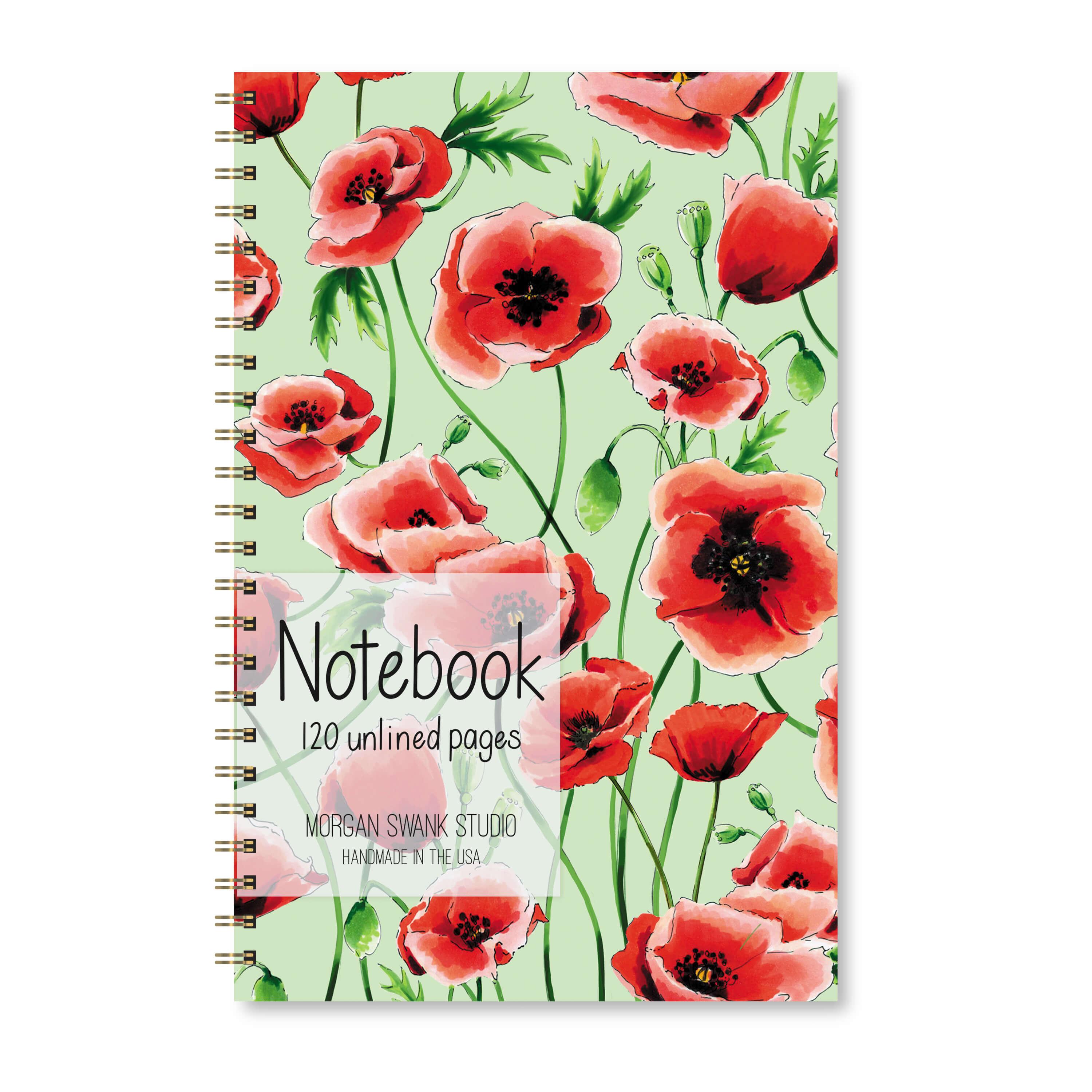 Notebook with red poppy flower illustrations on a light green background.