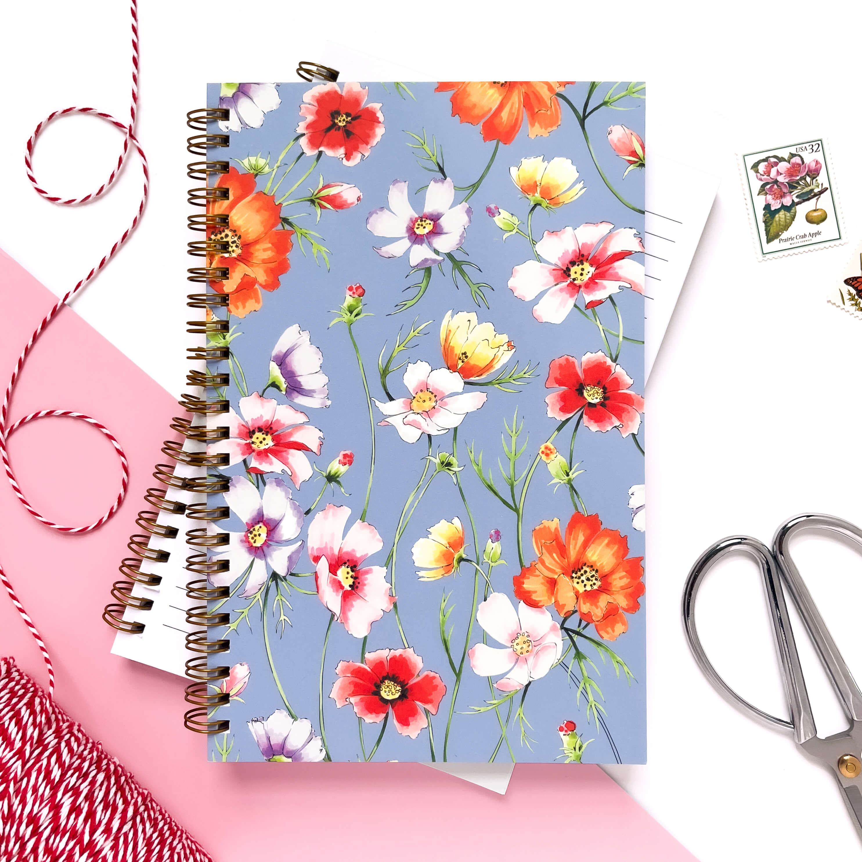 Illustrated floral notebook with cosmos flowers on a blue background.