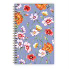 Illustrated floral notebook with cosmos flowers on a blue background.