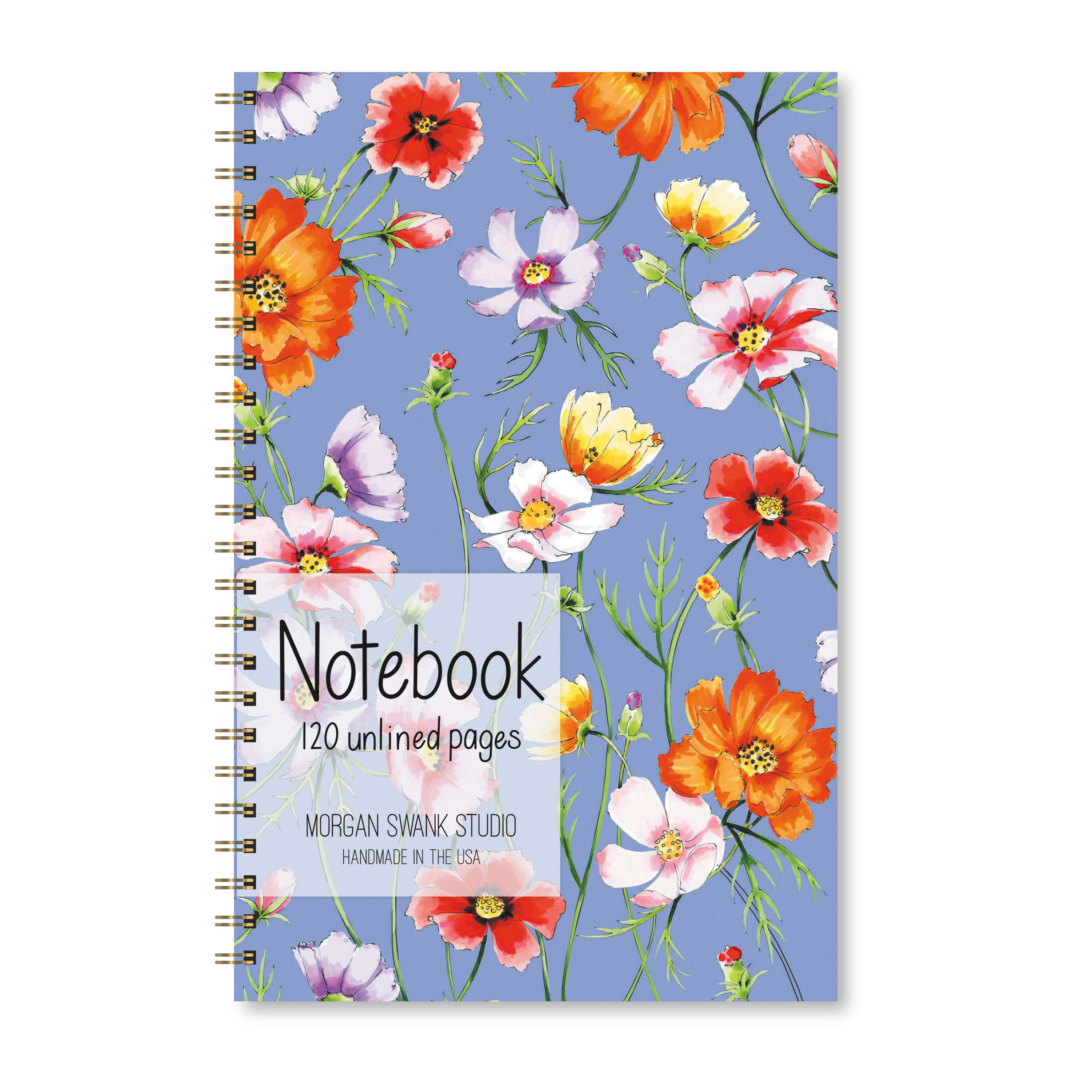 Illustrated floral notebook with cosmos flowers on a blue background.