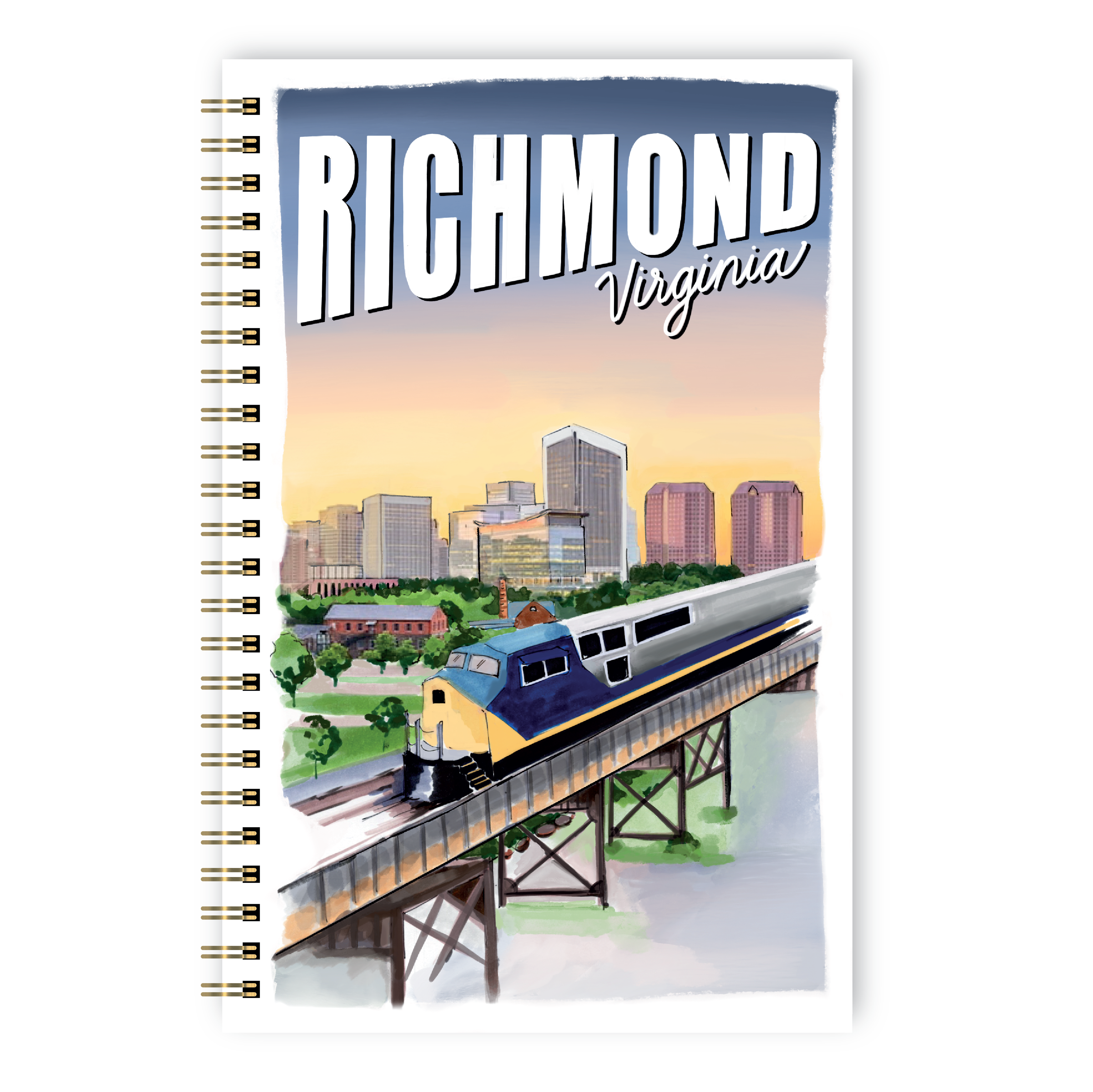 Notebook with a Richmond, VA cityscape and train illustration.