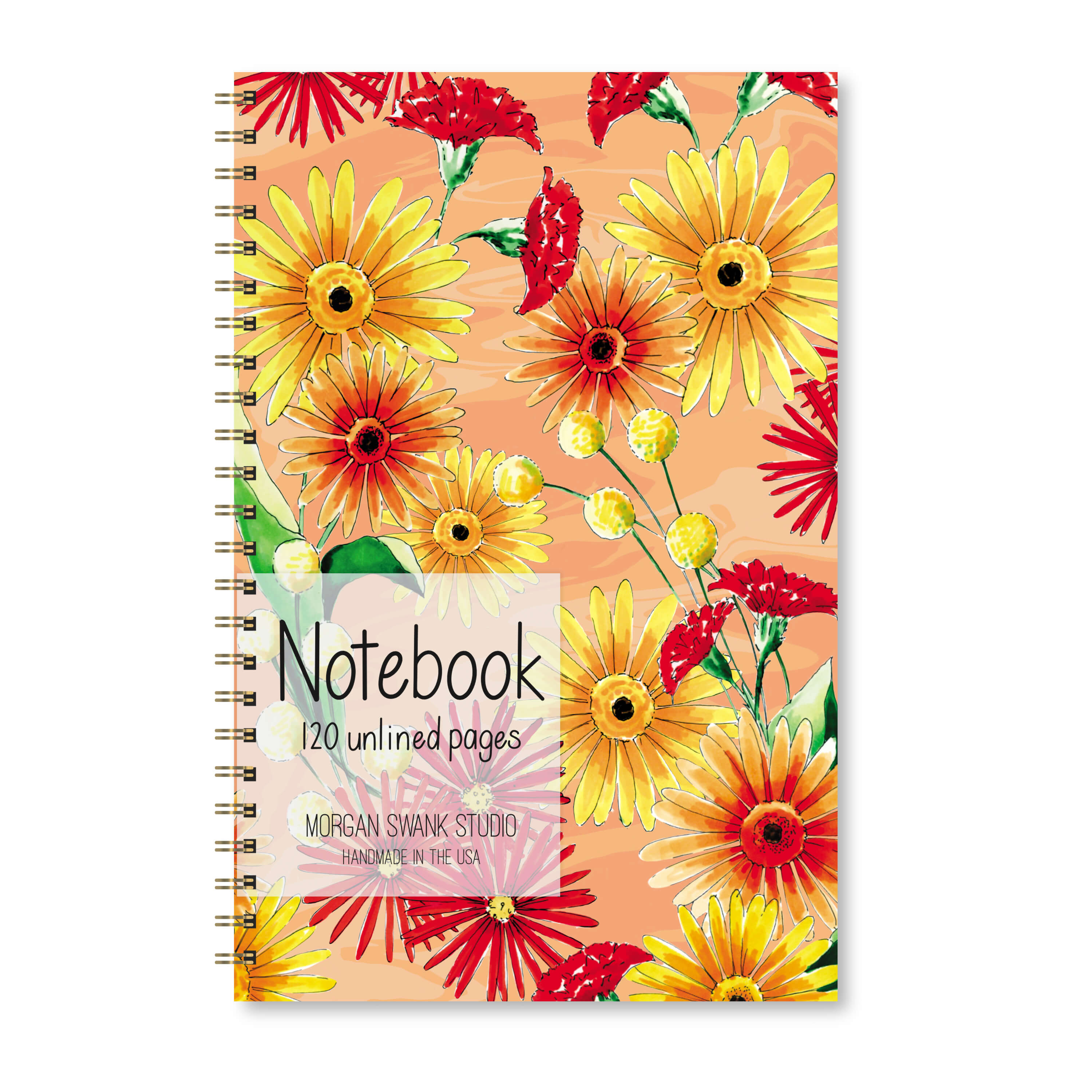 Notebook with yellow, red, and orange daisies and wildflowers.