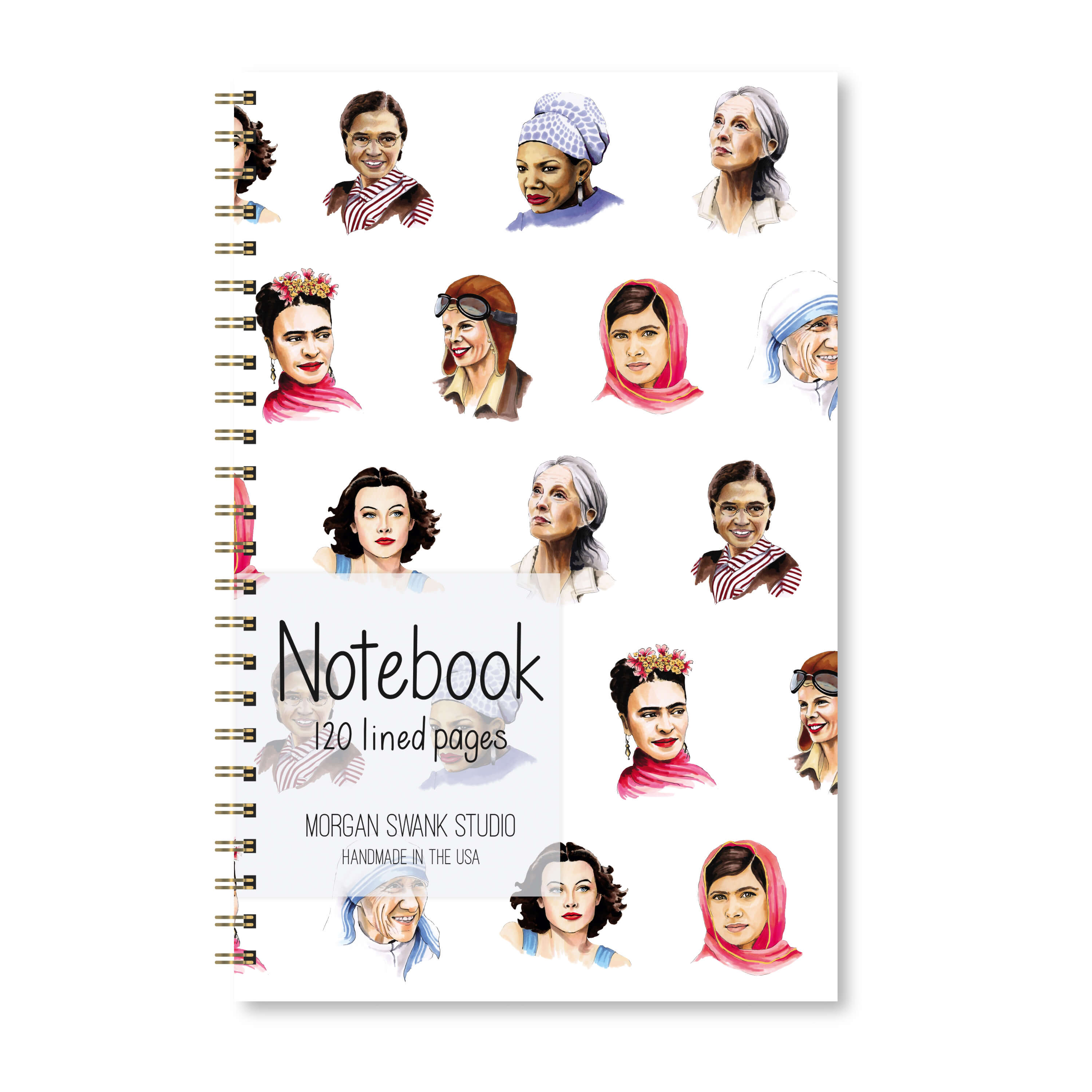 Notebook with portraits of famous women on a white background.