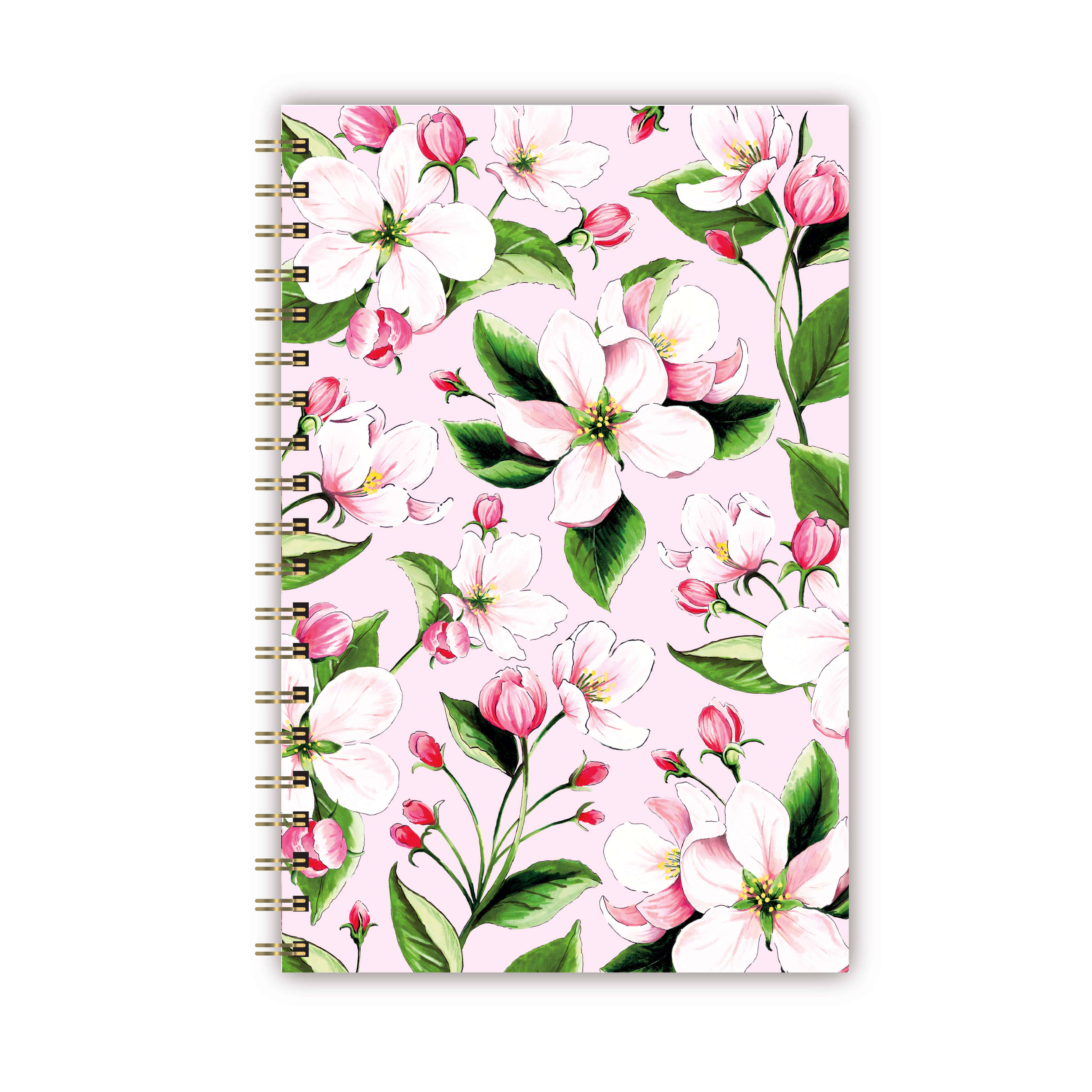 Notebook with pink apple blossom illustrations on a blush background.