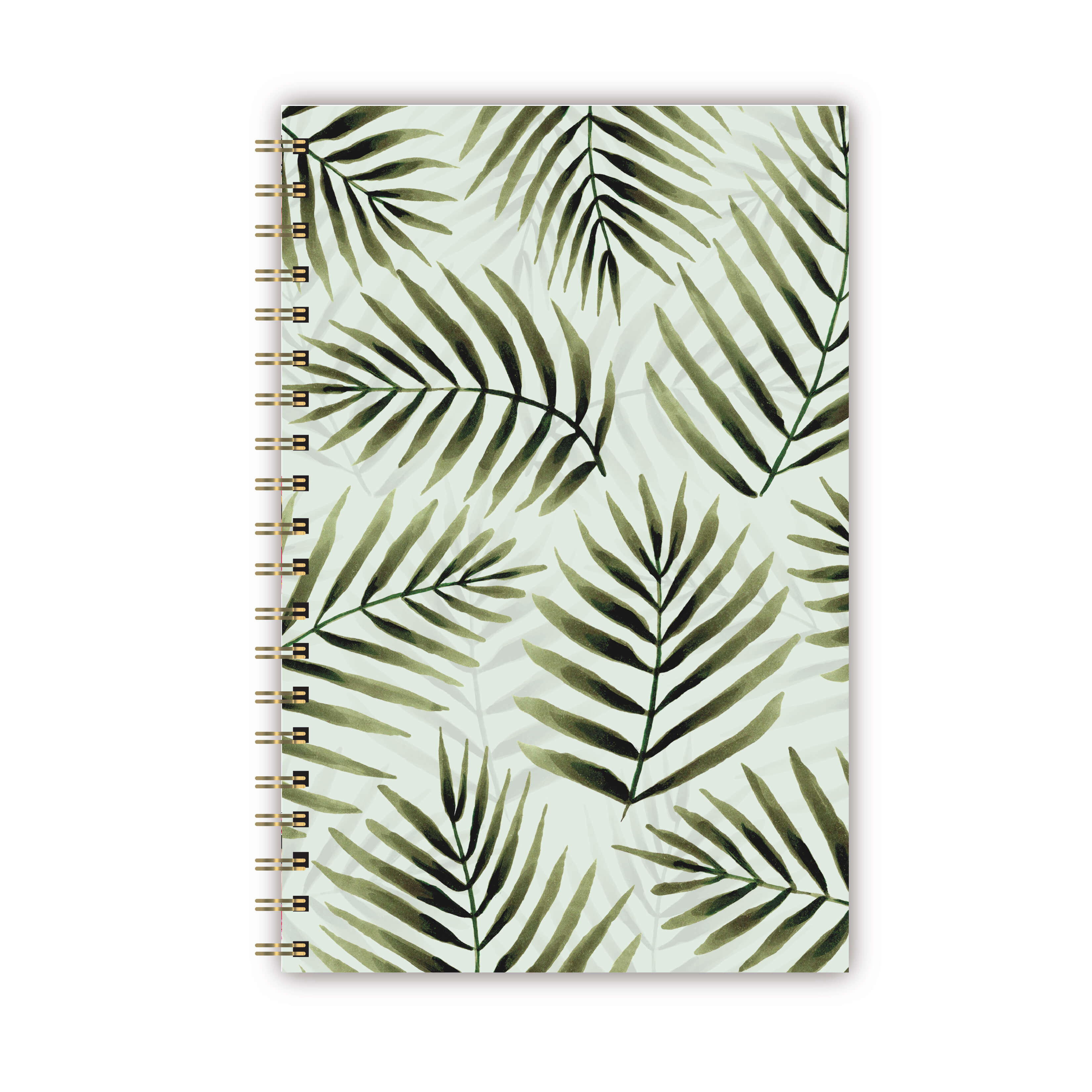 Notebook with watercolor green palm leaves on a light green background.