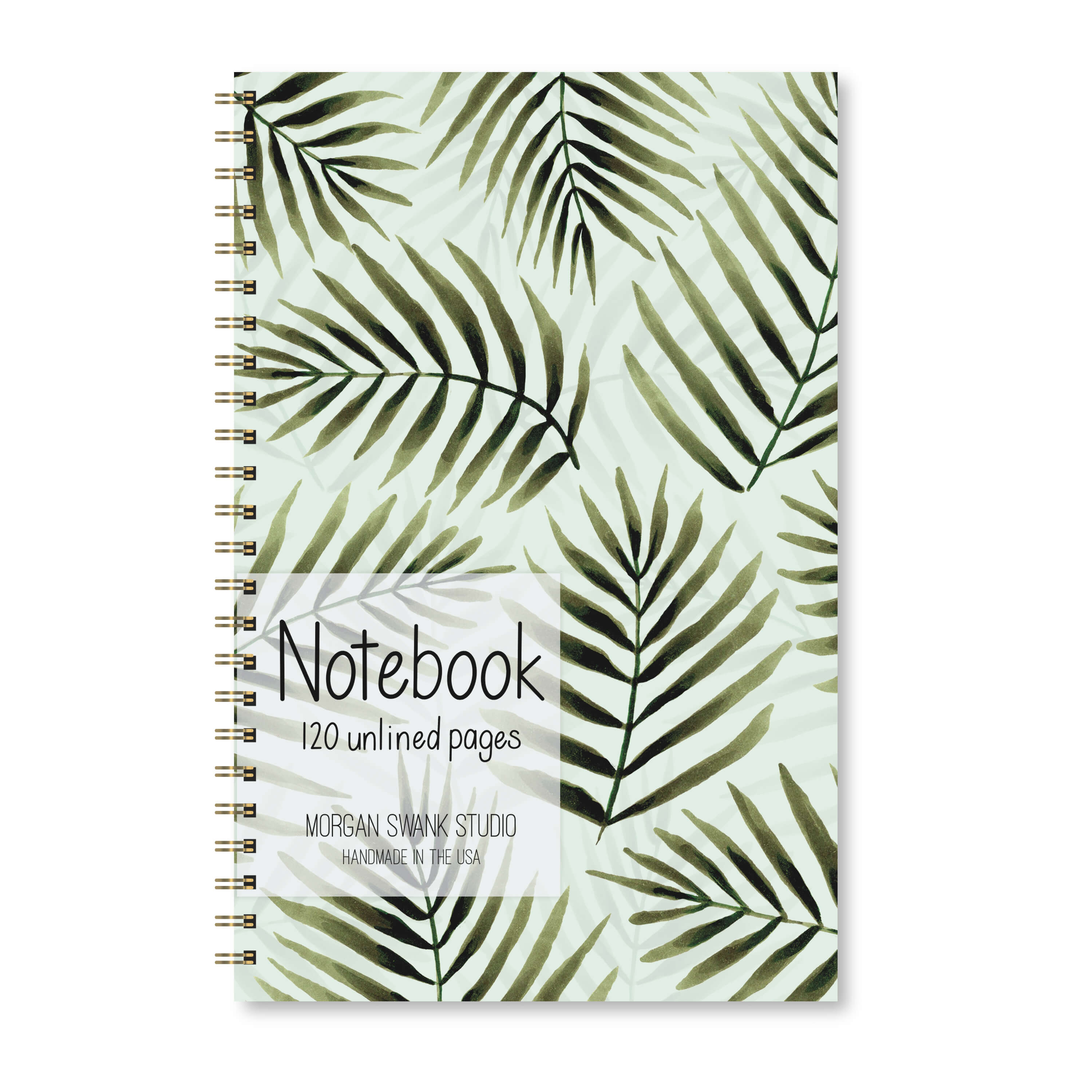 Notebook with watercolor green palm leaves on a light green background.
