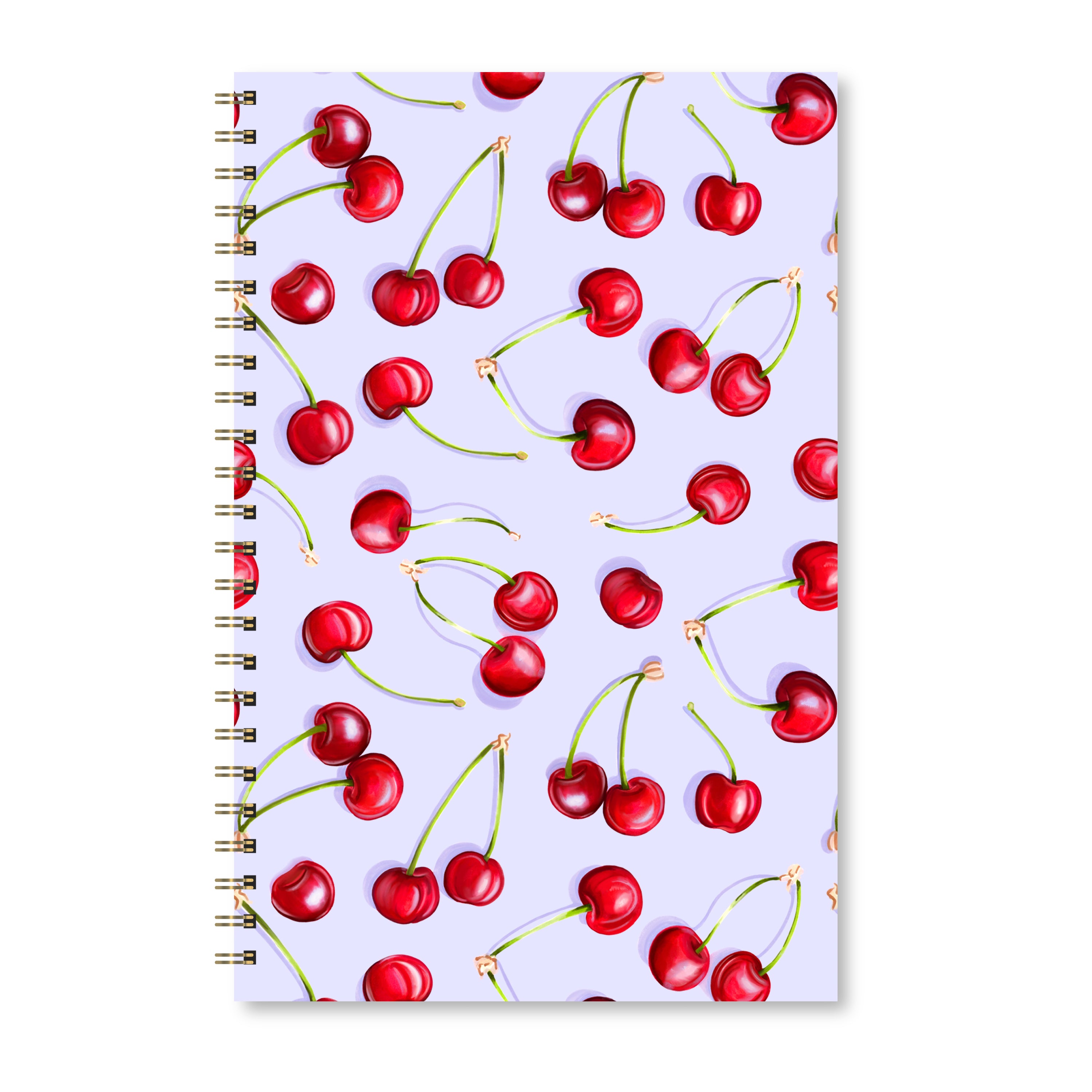 Notebook with bright red cherry illustrations on a light purple background.