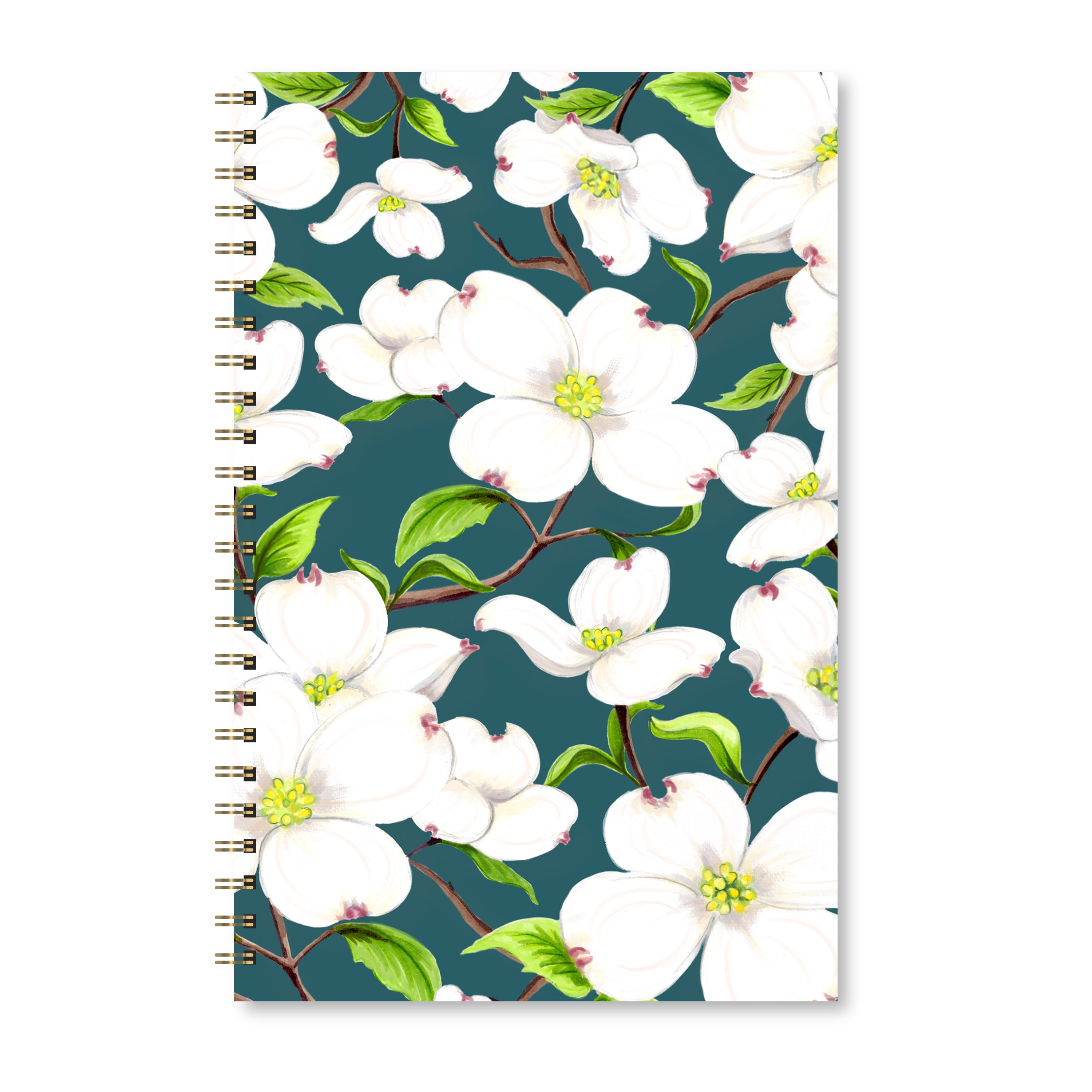 Notebook with white dogwood flowers on a dark green background.