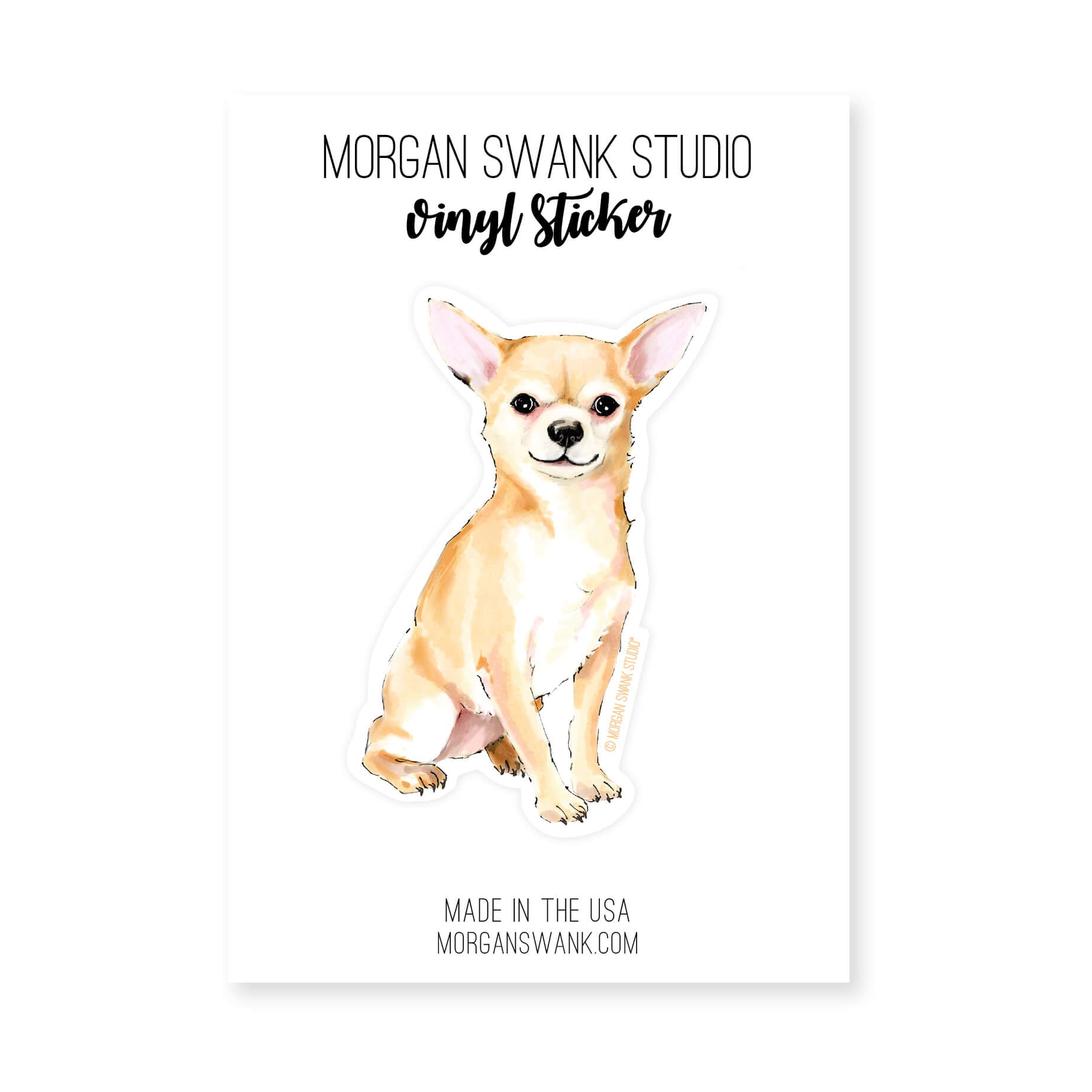 Waterproof Chihuahua sticker featuring a hand-illustrated tan and white chihuahua sitting upright