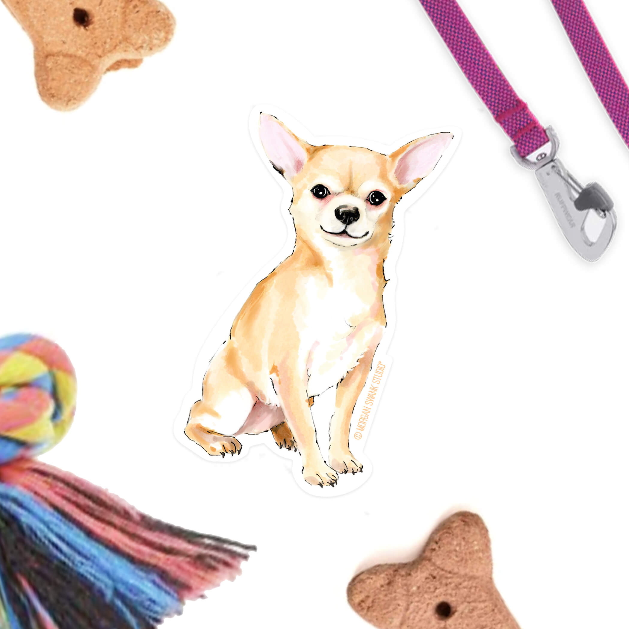 Waterproof Chihuahua sticker featuring a hand-illustrated tan and white chihuahua sitting upright