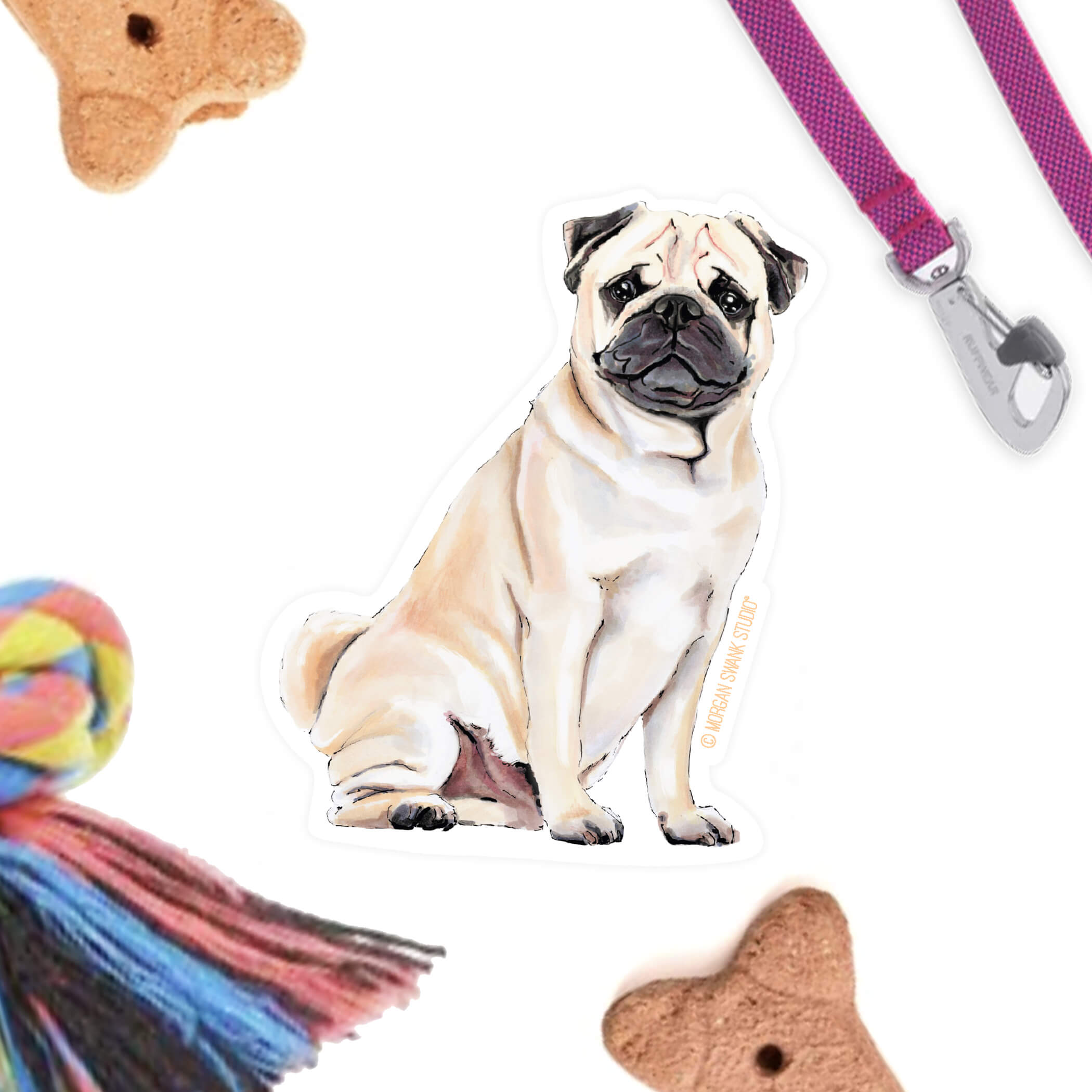 Waterproof Pug sticker with hand-drawn illustration of a fawn-colored pug sitting