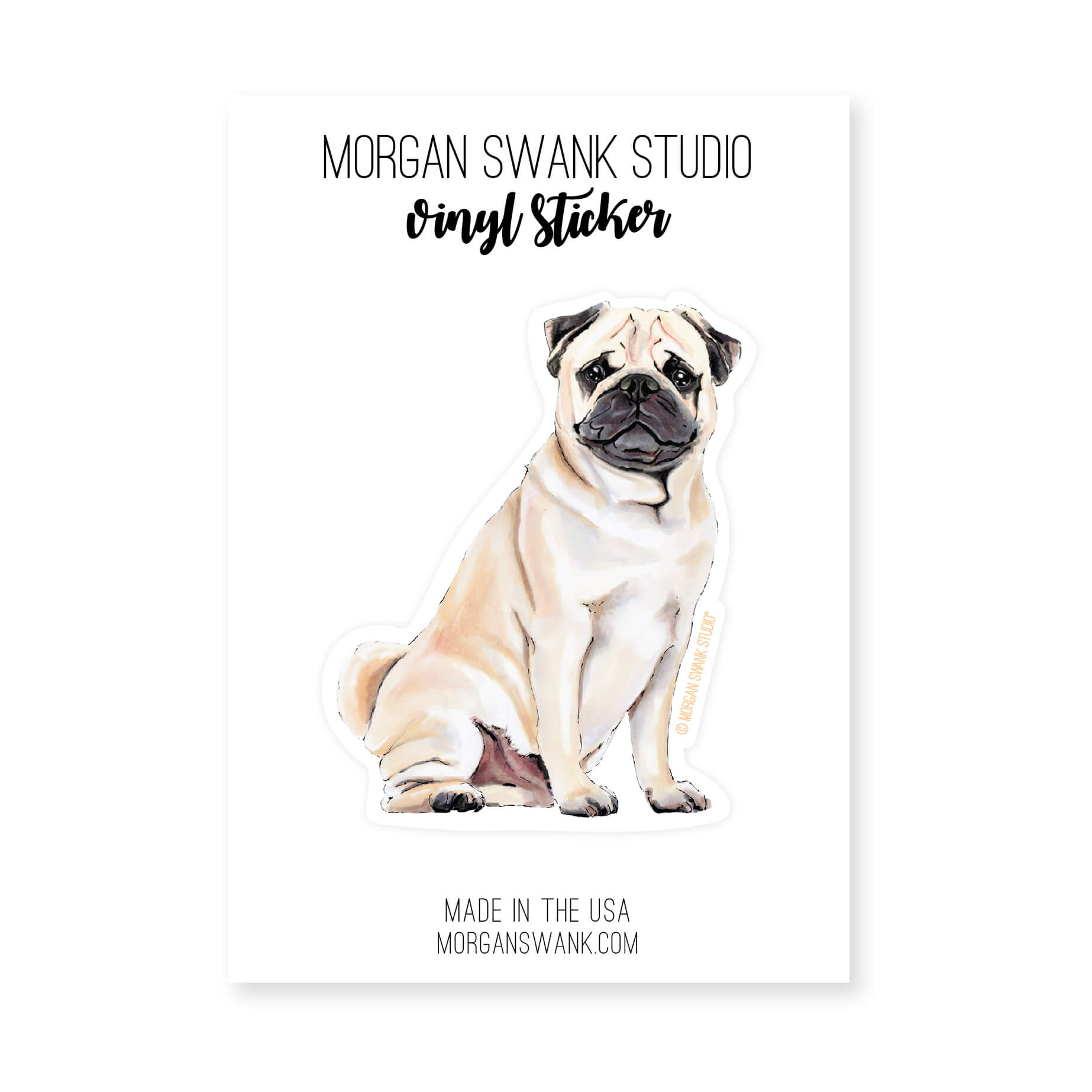 Waterproof Pug sticker with hand-drawn illustration of a fawn-colored pug sitting
