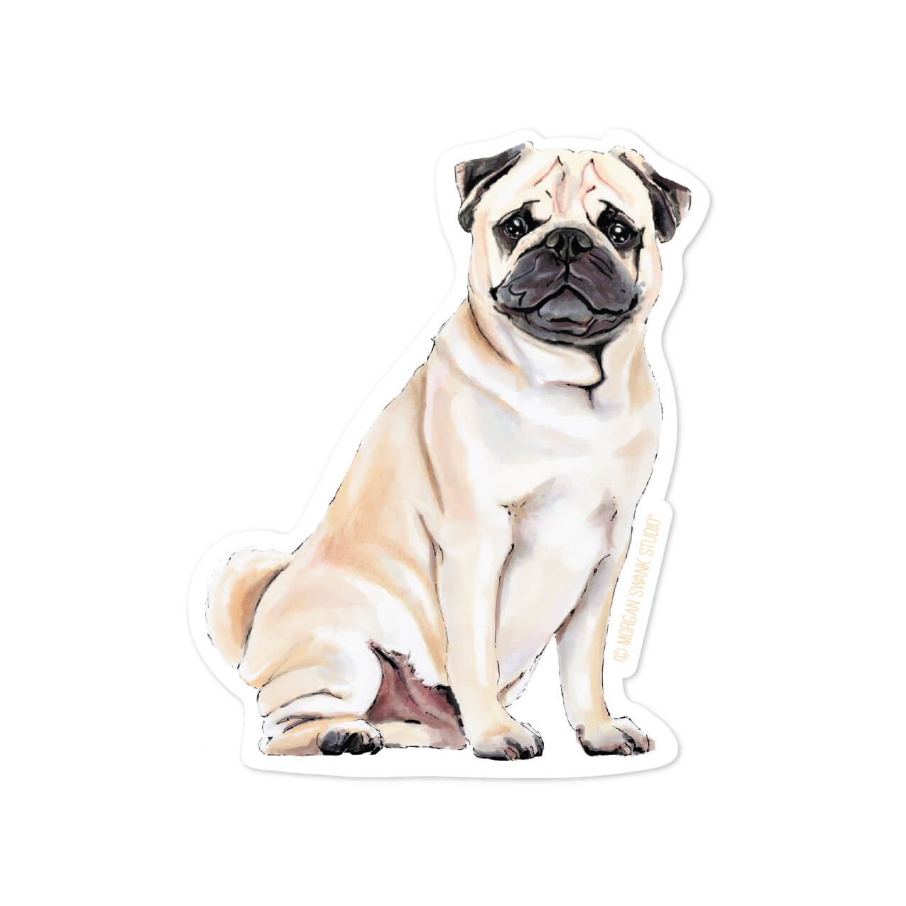 Waterproof Pug sticker with hand-drawn illustration of a fawn-colored pug sitting