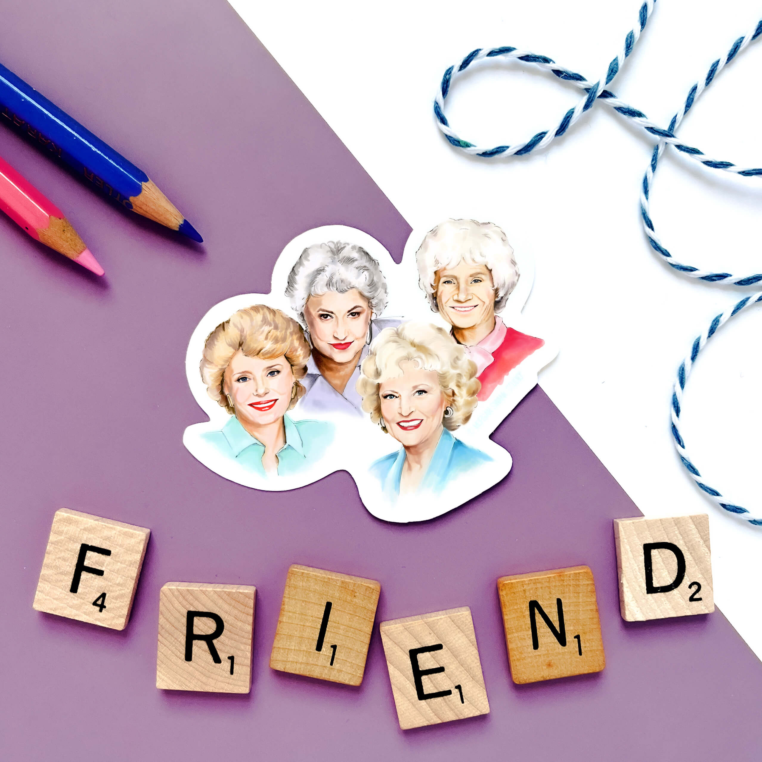 Golden Girls waterproof sticker with hand-drawn portraits of Dorothy, Blanche, Rose, and Sophia