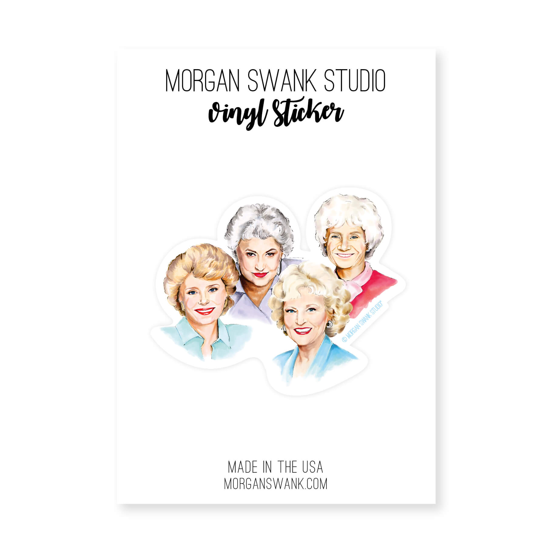 Golden Girls waterproof sticker with hand-drawn portraits of Dorothy, Blanche, Rose, and Sophia