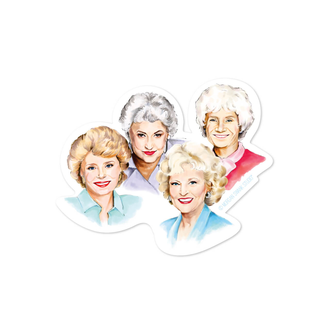 Golden Girls waterproof sticker with hand-drawn portraits of Dorothy, Blanche, Rose, and Sophia