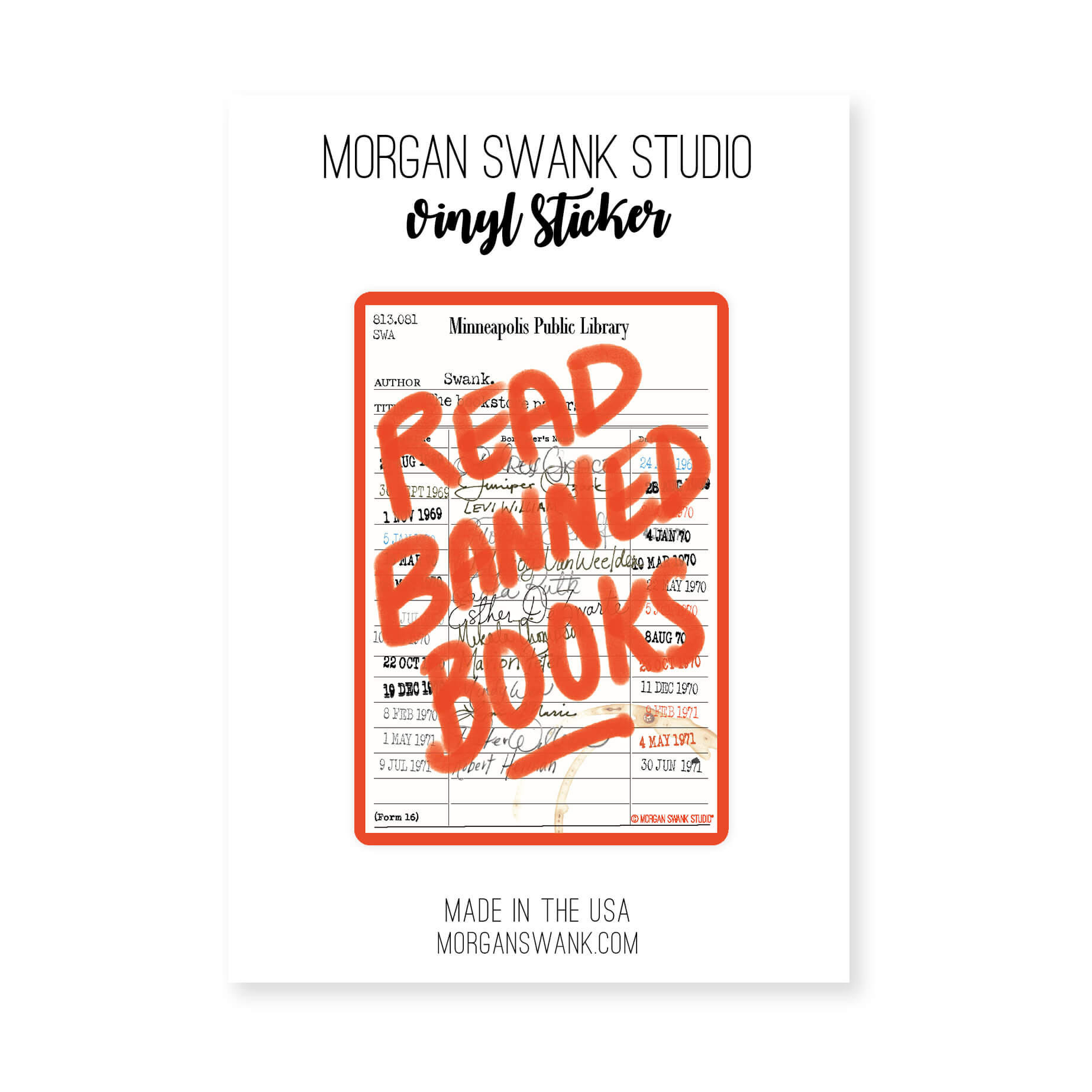 “Read Banned Books” waterproof sticker with vintage library card background in bold red text